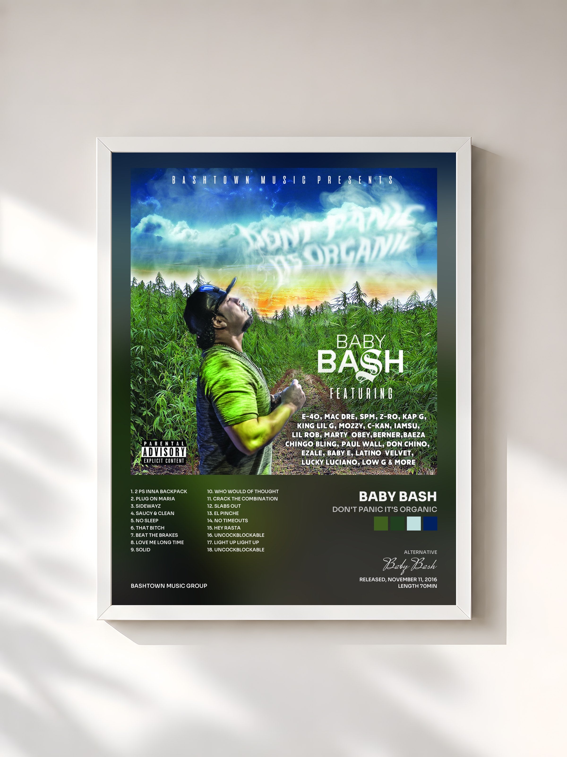 #blanc Tableau de l'album Don't Panic It's Organic de Baby Bash, cadre blanc, imprimé et encadré en France