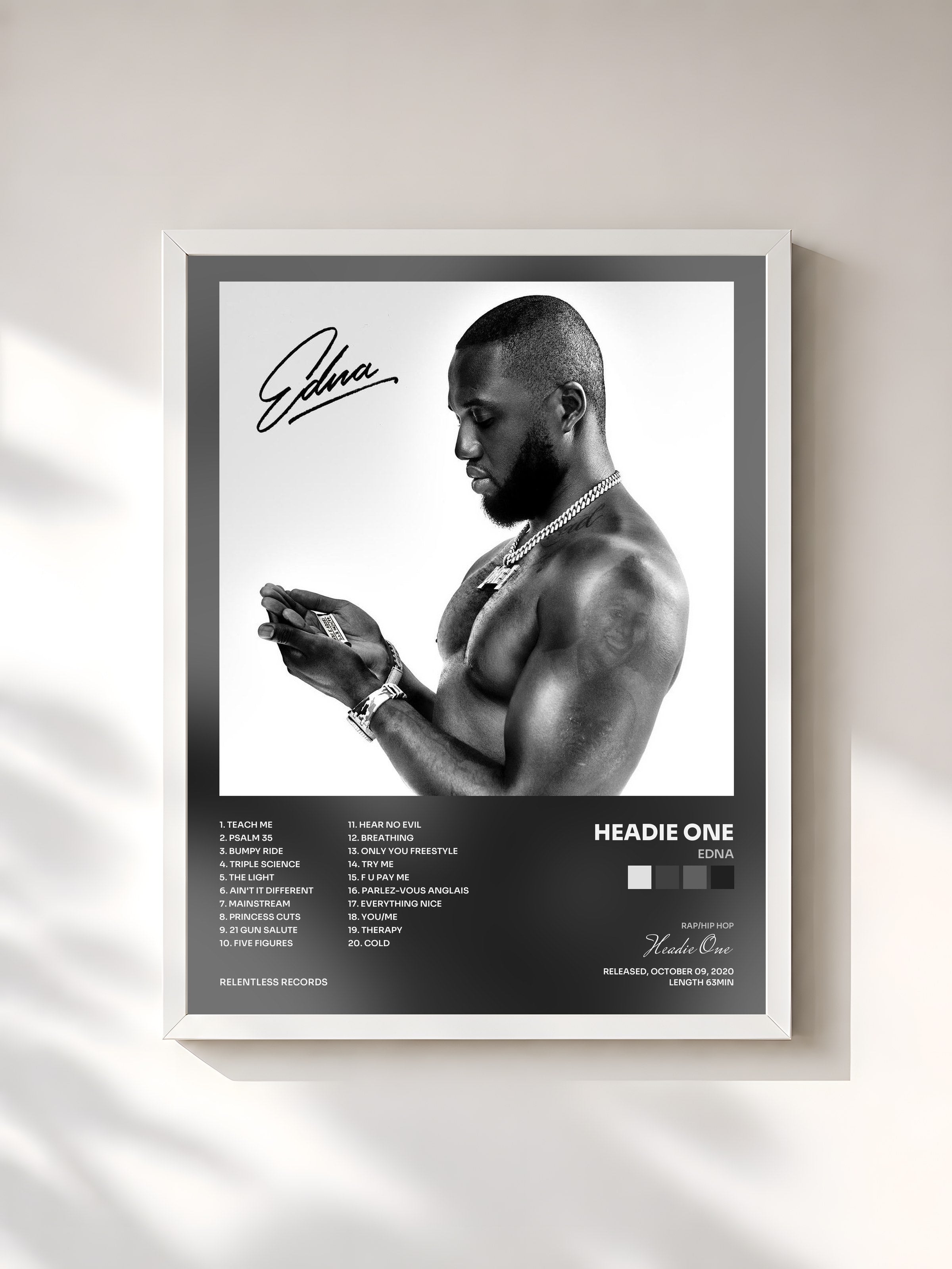 #blanc Tableau de l'album EDNA de Headie One, cadre blanc, imprimé et encadré en France