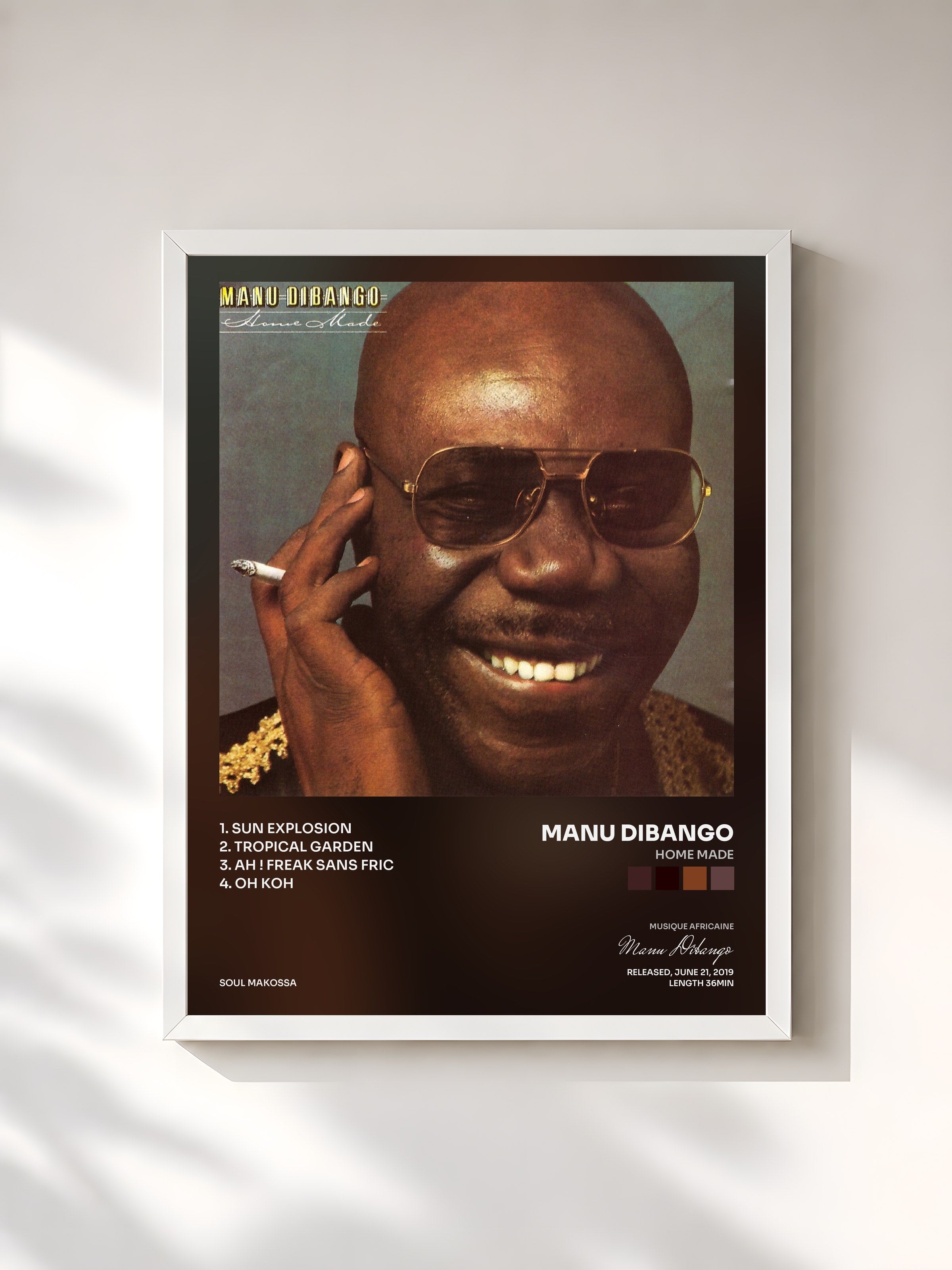 #blanc Tableau de l'album Home Made de Manu Dibango, cadre blanc, imprimé et encadré en France