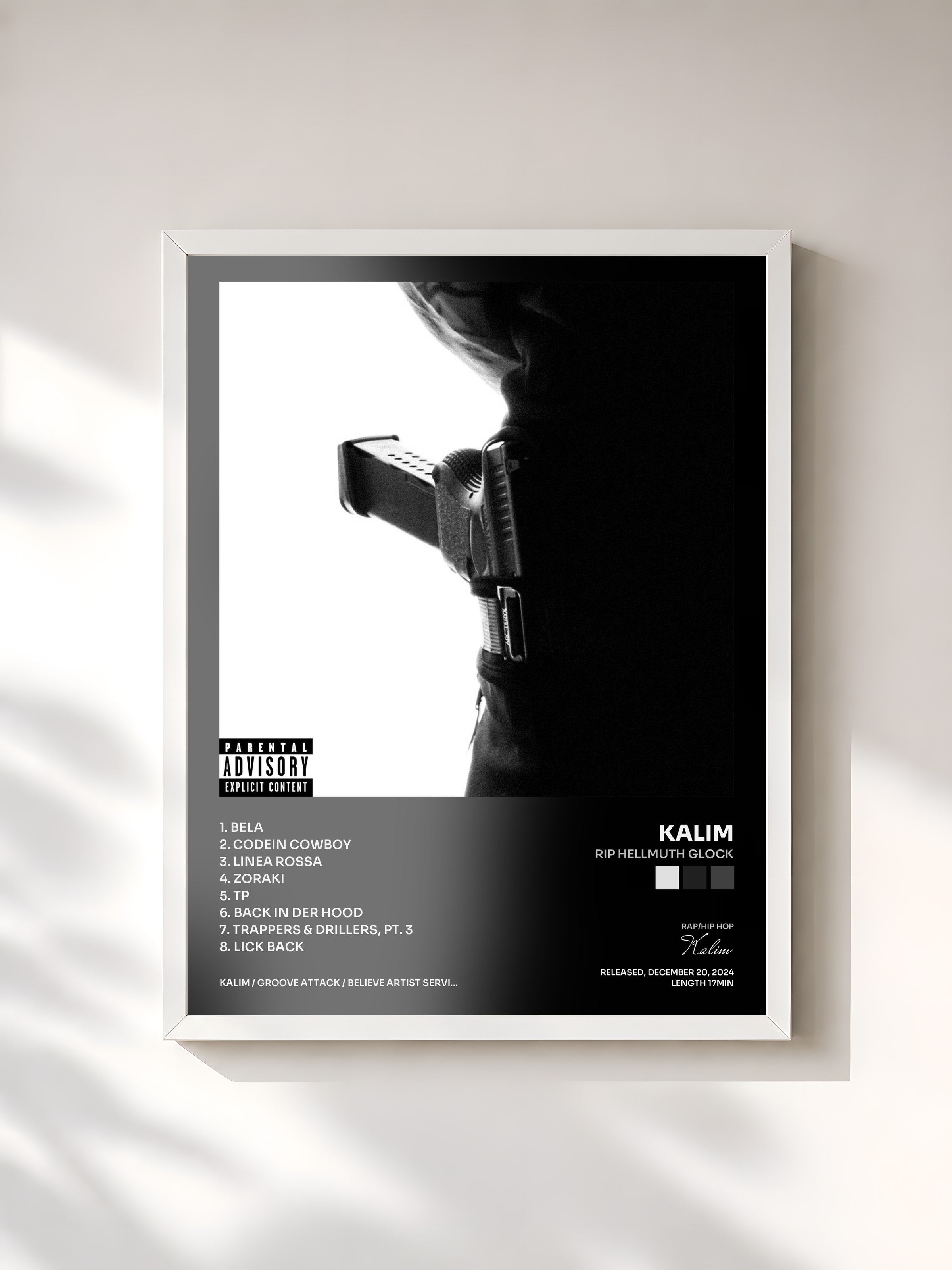 #blanc Tableau de l'album RIP HELLMUTH GLOCK de Kalim, cadre blanc, imprimé et encadré en France