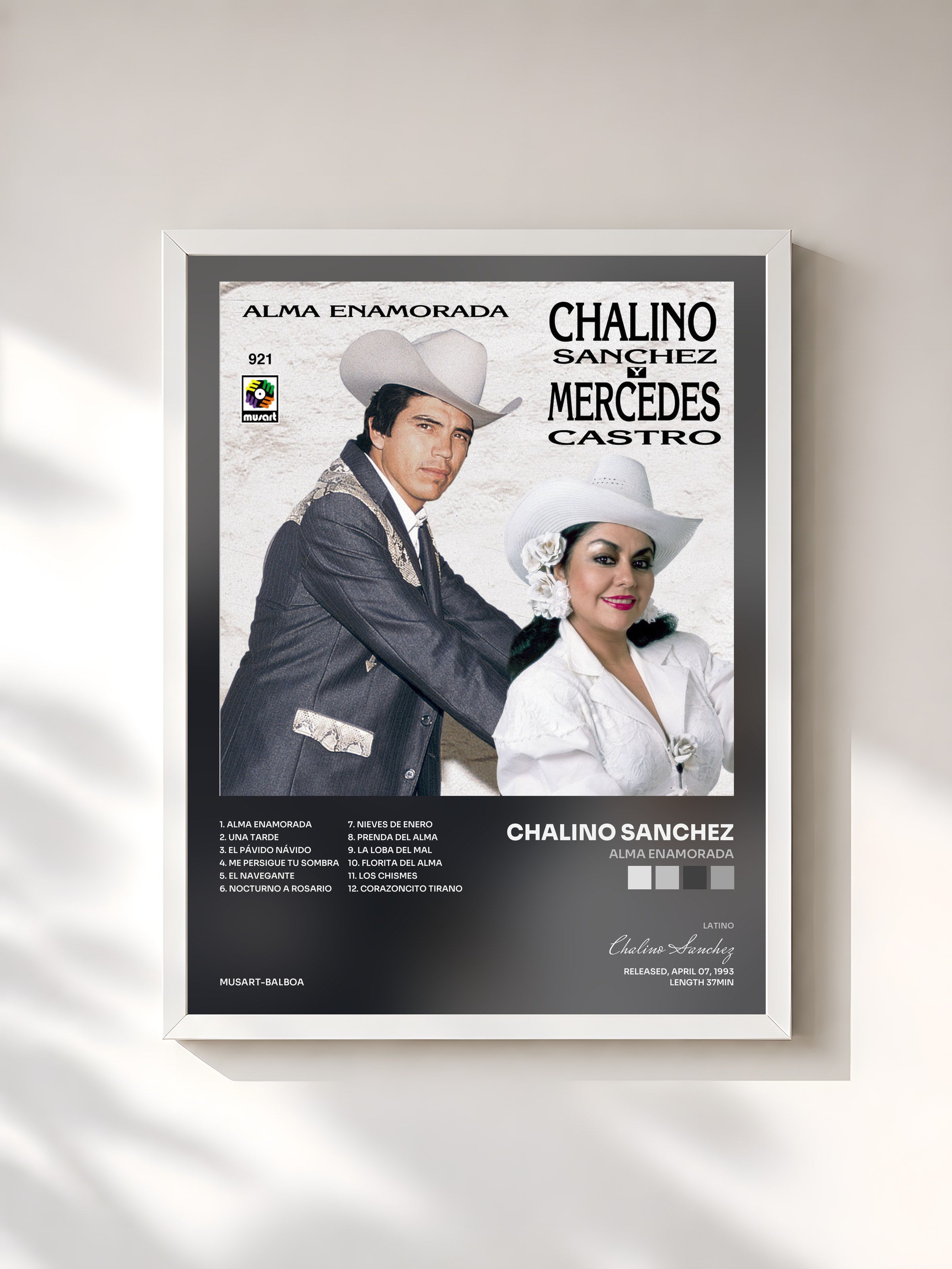 #blanc Tableau de l'album Alma Enamorada de Chalino Sanchez, cadre blanc, imprimé et encadré en France