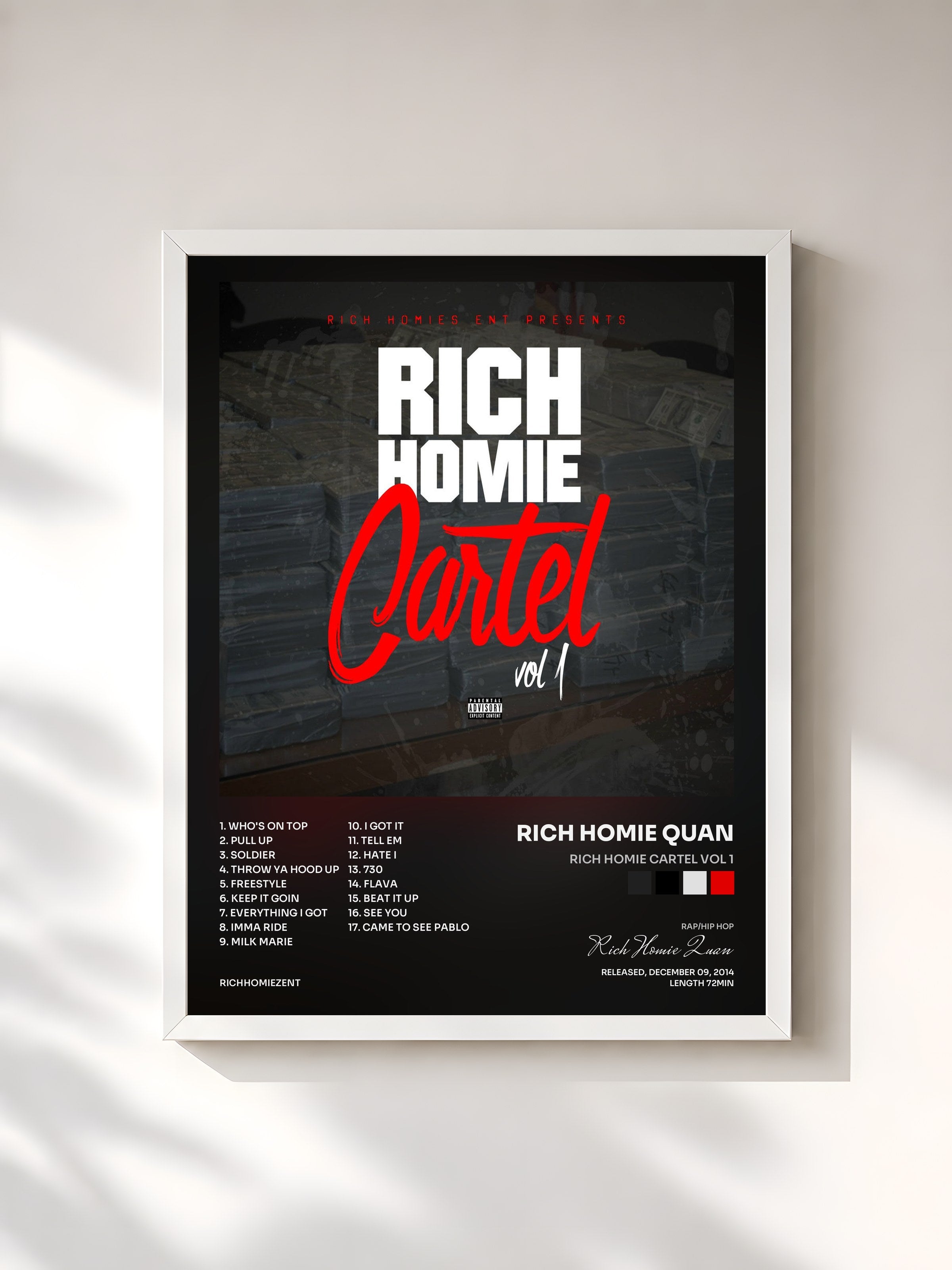 #blanc Tableau de l'album Rich Homie Cartel Vol 1 de Rich Homie Quan, cadre blanc, imprimé et encadré en France