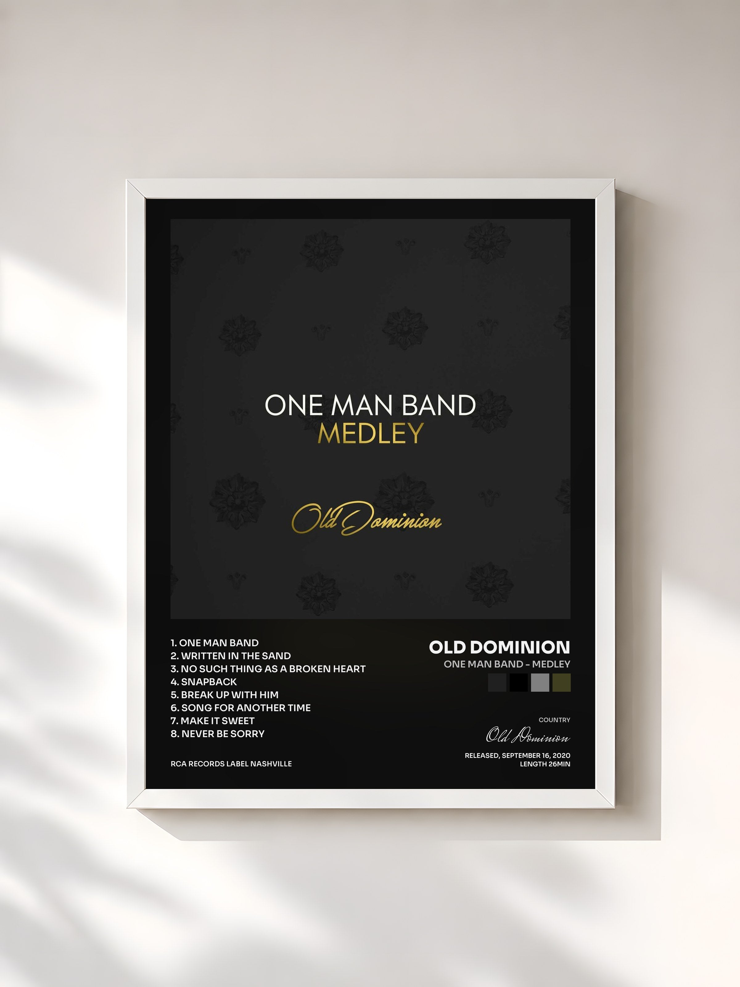 #blanc Tableau de l'album One Man Band - Medley de Old Dominion, cadre blanc, imprimé et encadré en France