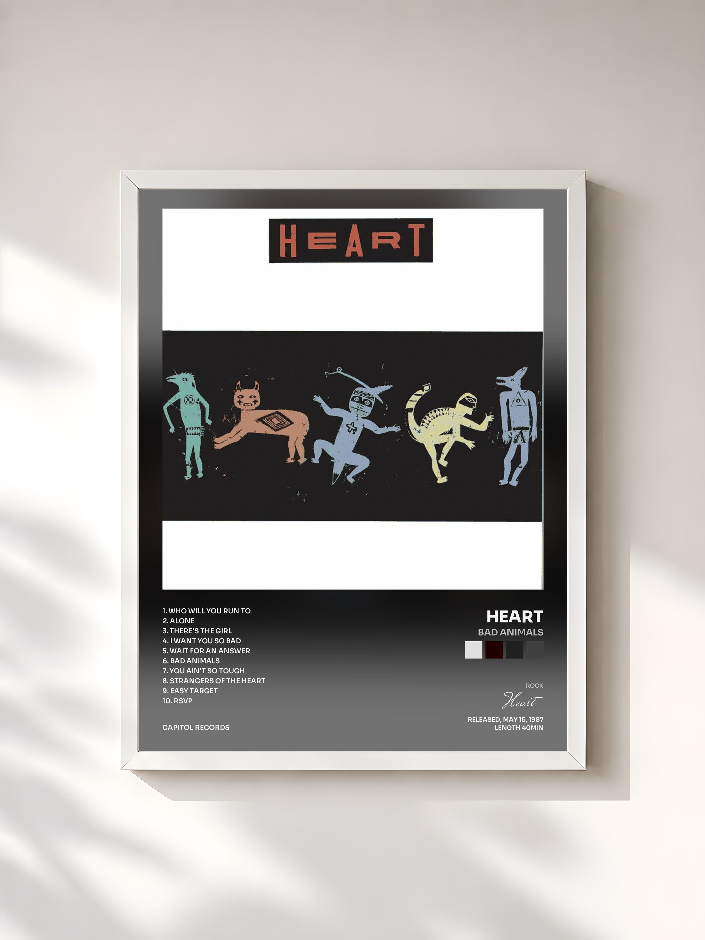 #blanc Tableau de l'album Bad Animals de Heart, cadre blanc, imprimé et encadré en France