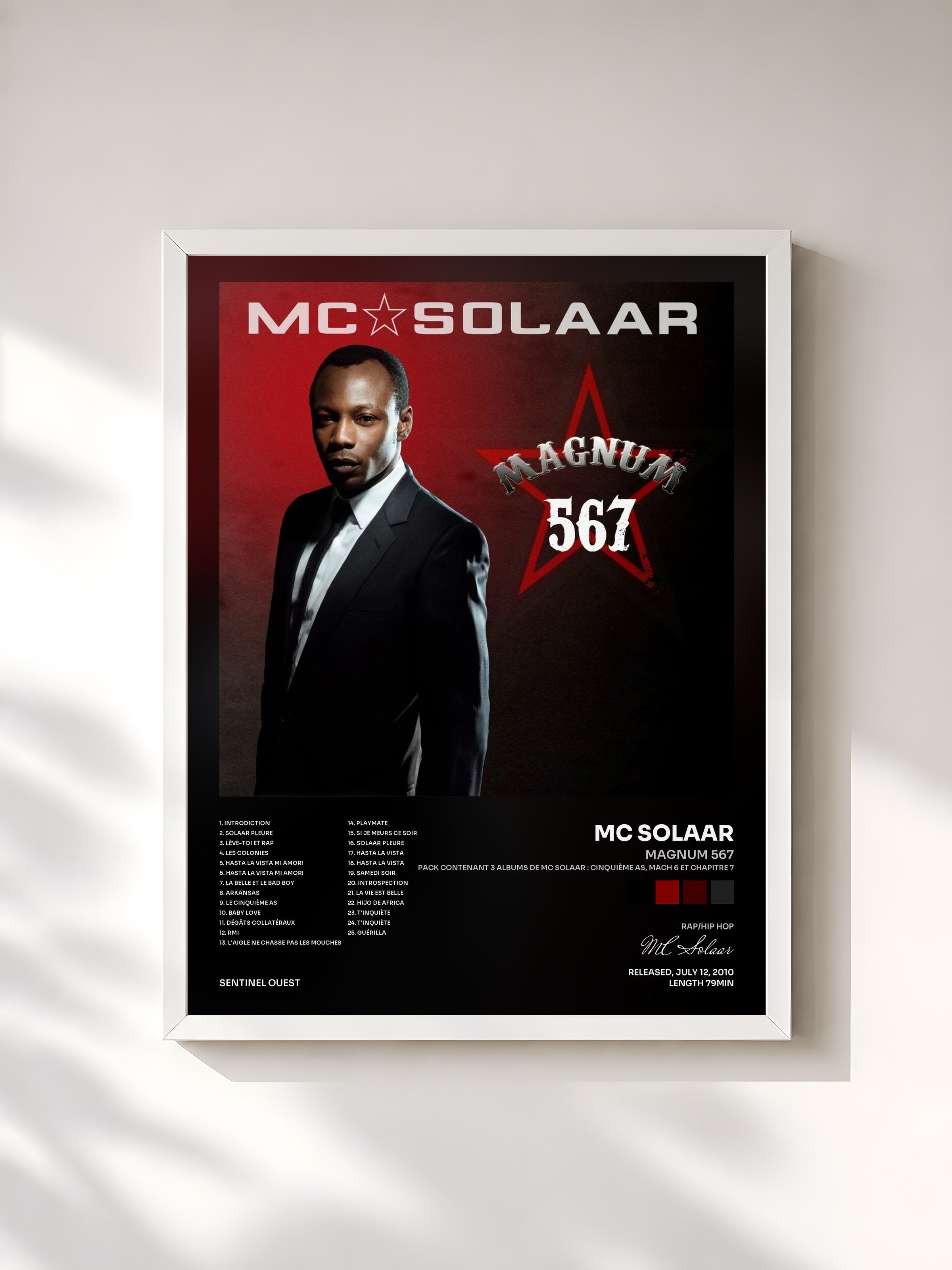 #blanc Tableau de l'album Magnum 567 (Pack contenant 3 albums de MC Solaar : Cinquième As, Mach 6 et Chapitre 7) de MC Solaar, cadre blanc, imprimé et encadré en France