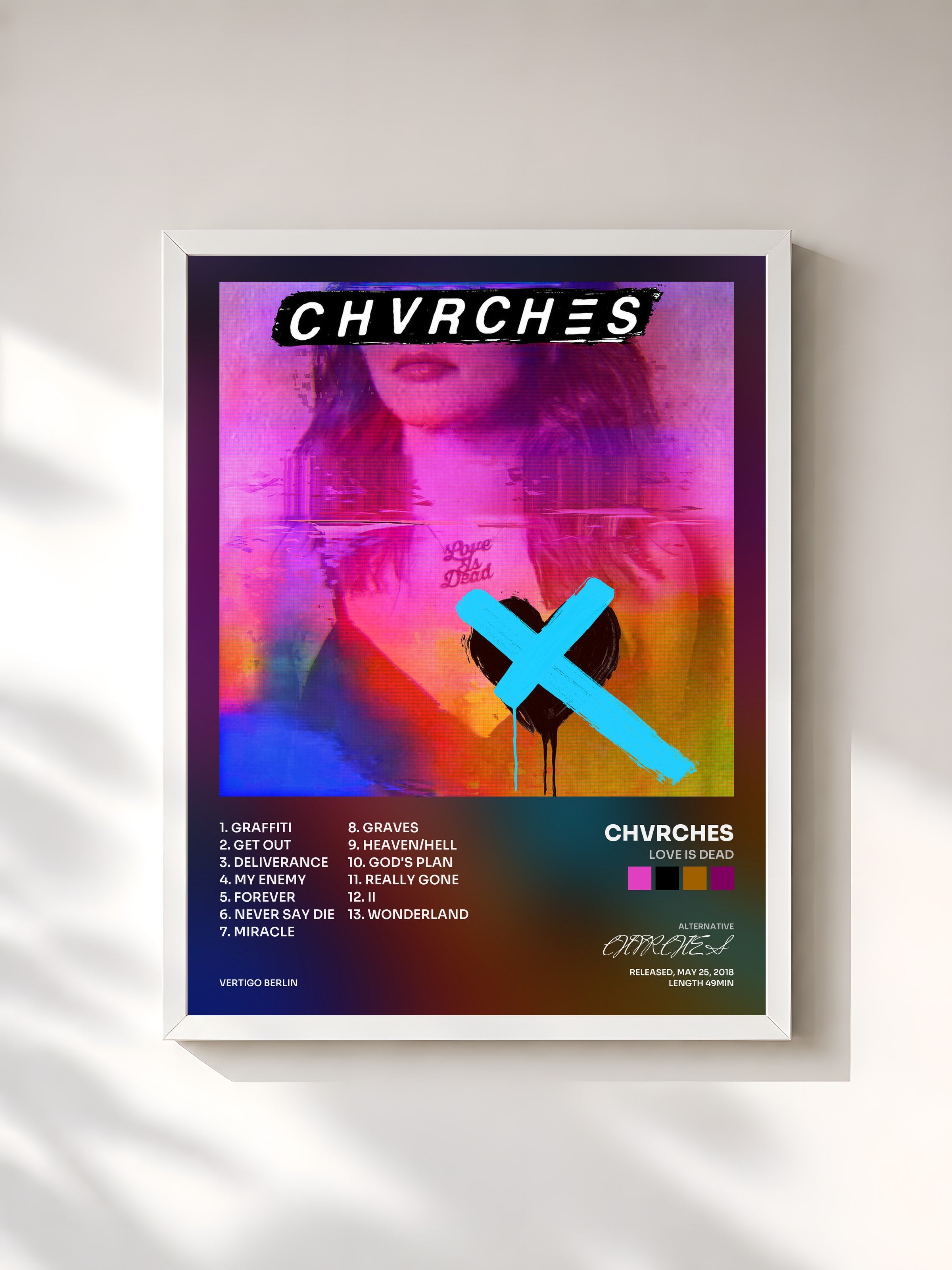 #blanc Tableau de l'album Love Is Dead de CHVRCHES, cadre blanc, imprimé et encadré en France