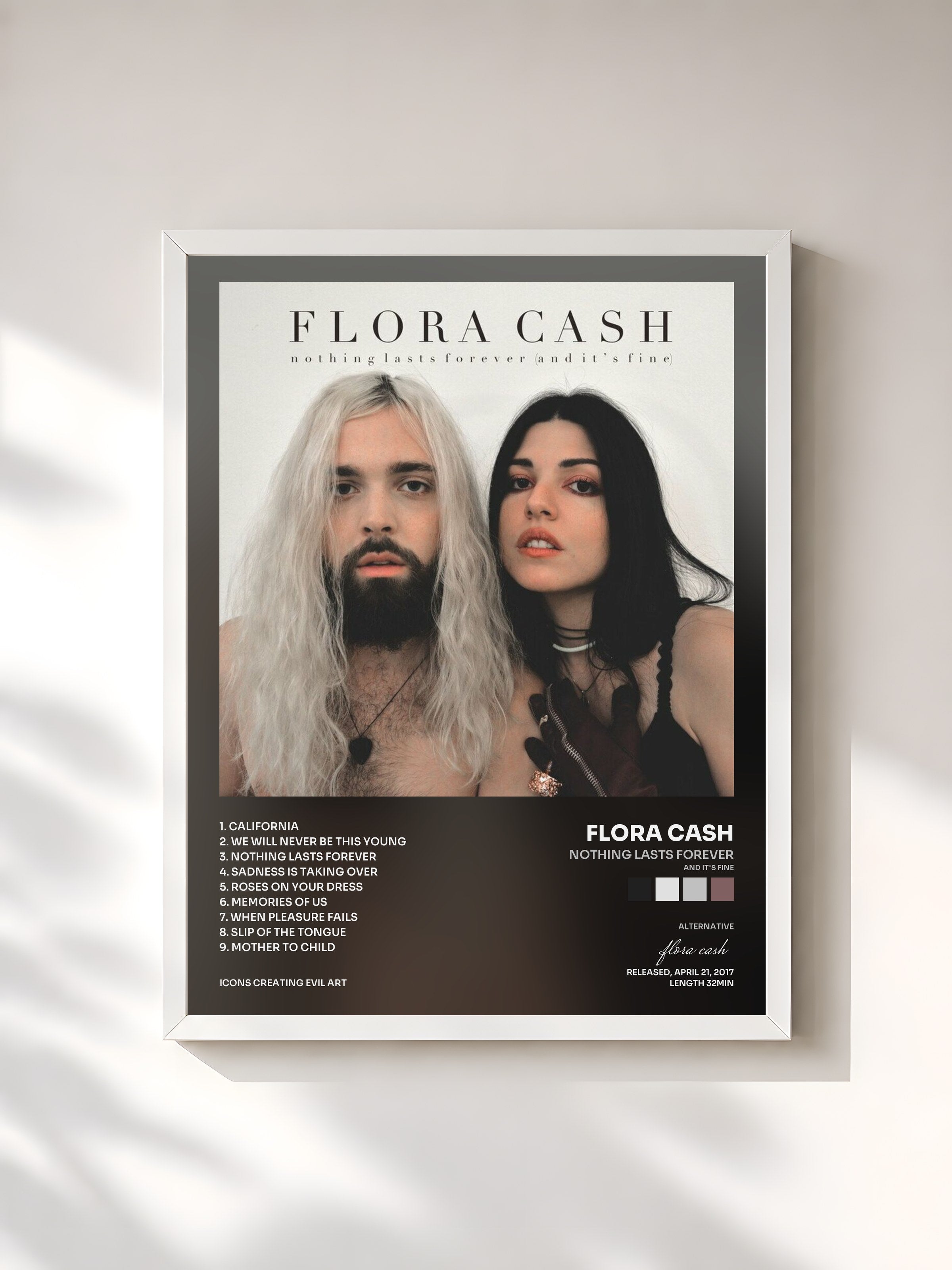#blanc Tableau de l'album Nothing Lasts Forever (And It's Fine) de flora cash, cadre blanc, imprimé et encadré en France