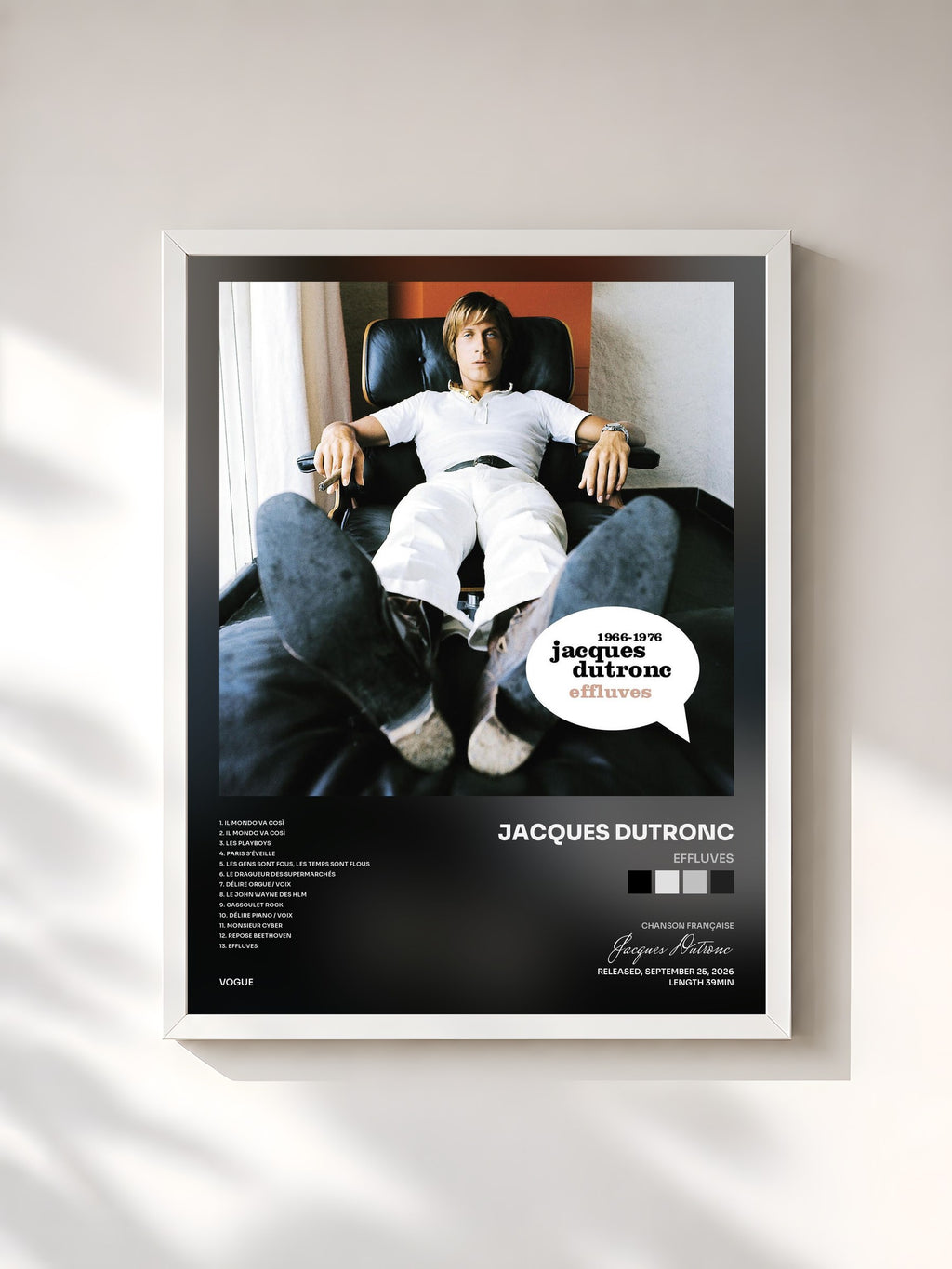 #blanc Tableau de l'album Effluves de Jacques Dutronc, cadre blanc, imprimé et encadré en France