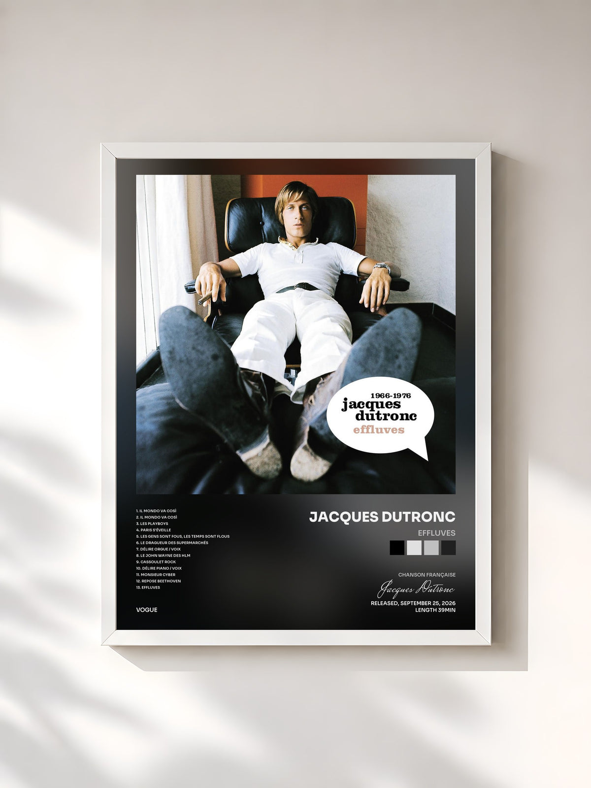 #blanc Tableau de l'album Effluves de Jacques Dutronc, cadre blanc, imprimé et encadré en France