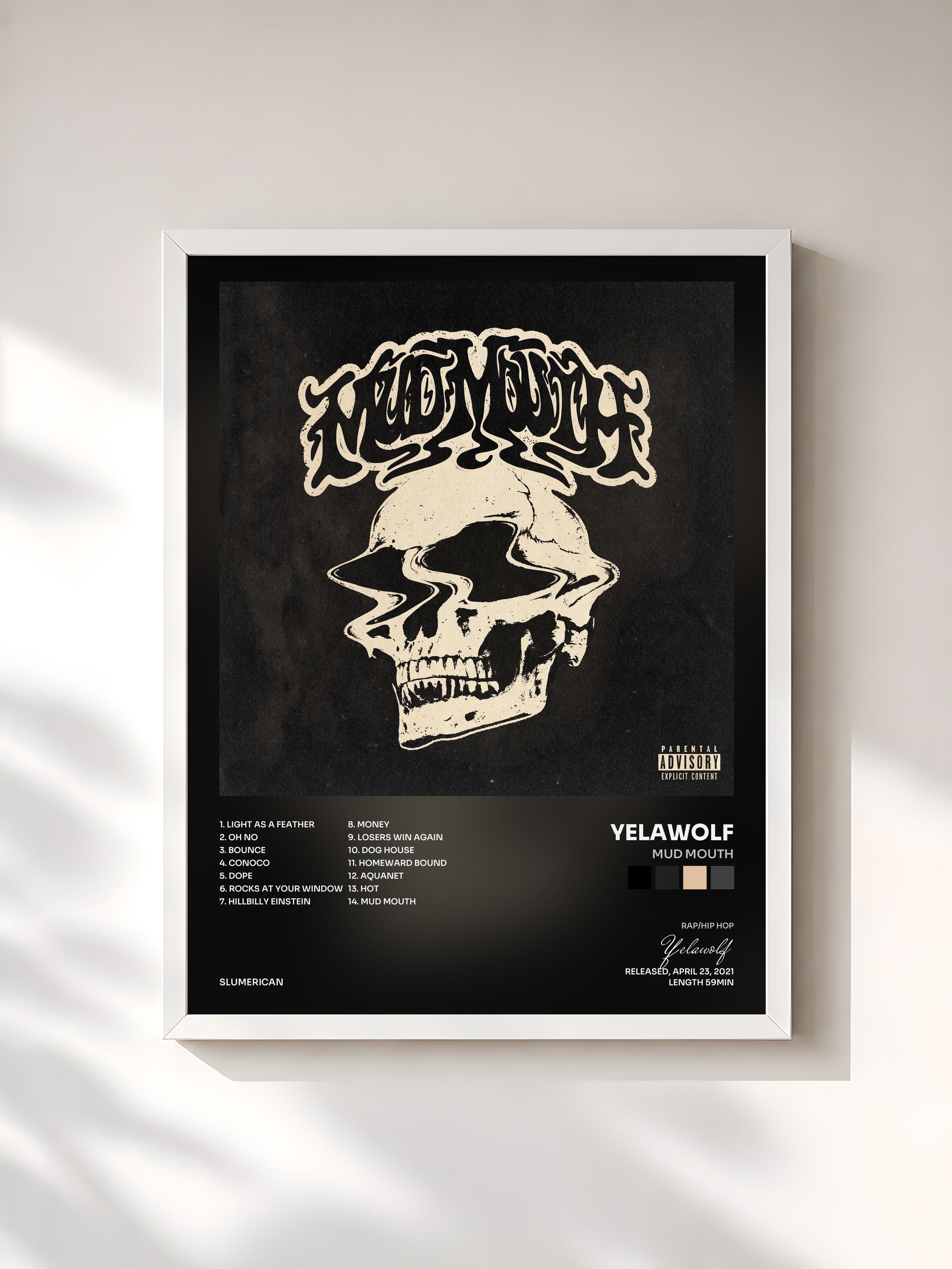 #blanc Tableau de l'album Mud Mouth de Yelawolf, cadre blanc, imprimé et encadré en France