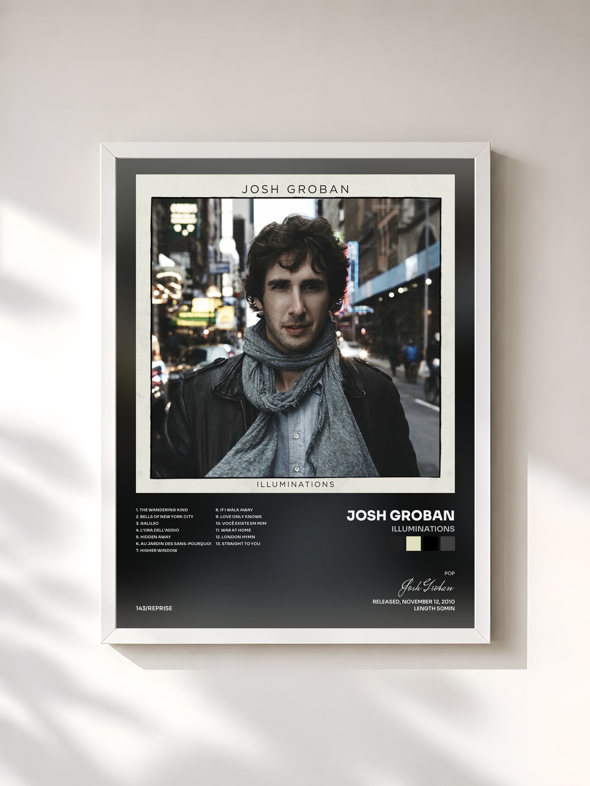 #blanc Tableau de l'album Illuminations de Josh Groban, cadre blanc, imprimé et encadré en France