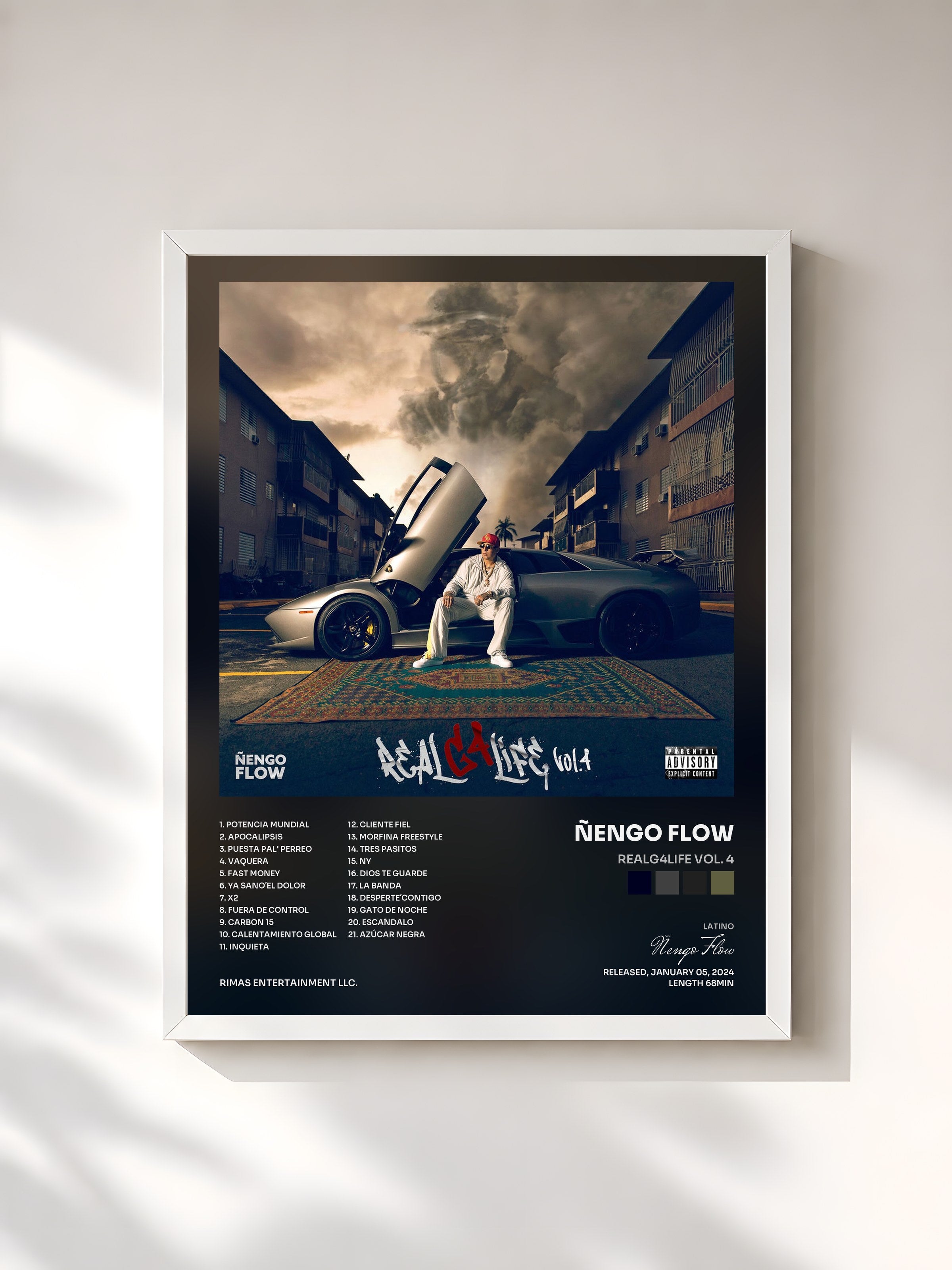 #blanc Tableau de l'album RealG4Life Vol. 4 de Ñengo Flow, cadre blanc, imprimé et encadré en France