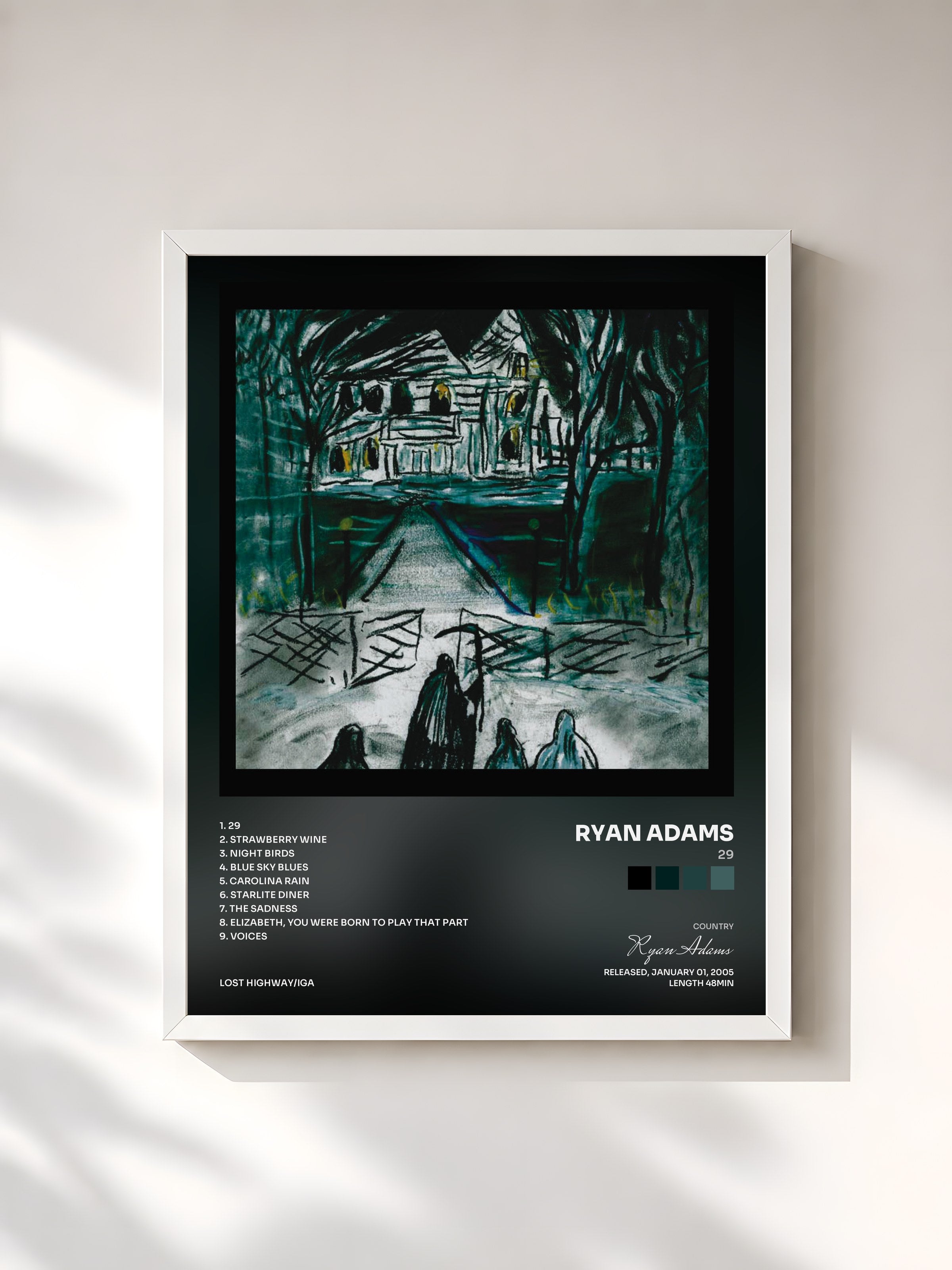 #blanc Tableau de l'album 29 de Ryan Adams, cadre blanc, imprimé et encadré en France