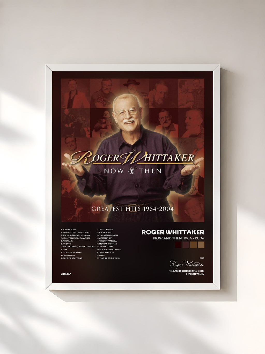 #blanc Now and Then: 1964 - 2004 de Roger Whittaker en lámina enmarcada, marco blanco, impresa y enmarcada en Francia