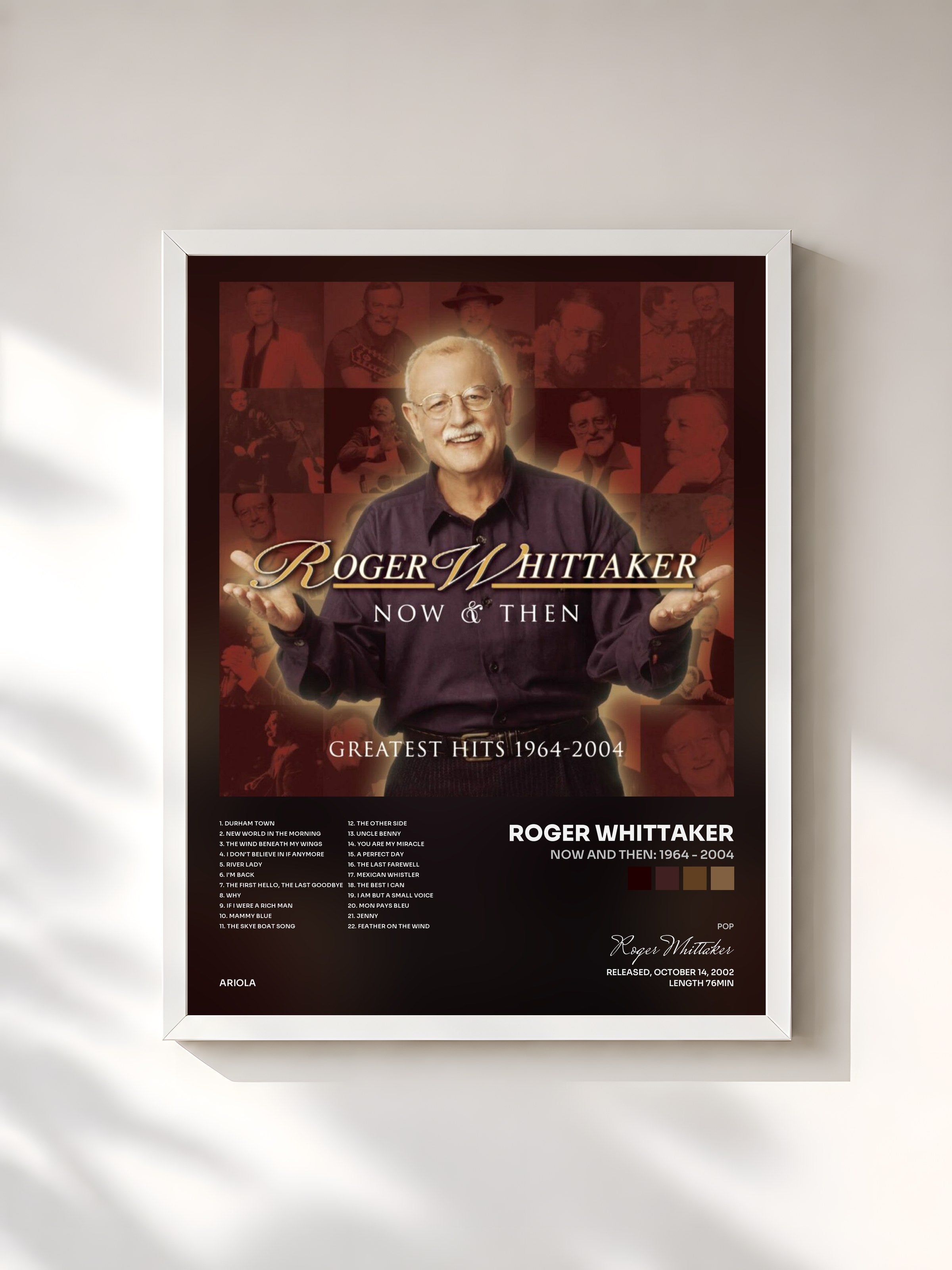 #blanc Tableau de l'album Now and Then: 1964 - 2004 de Roger Whittaker, cadre blanc, imprimé et encadré en France