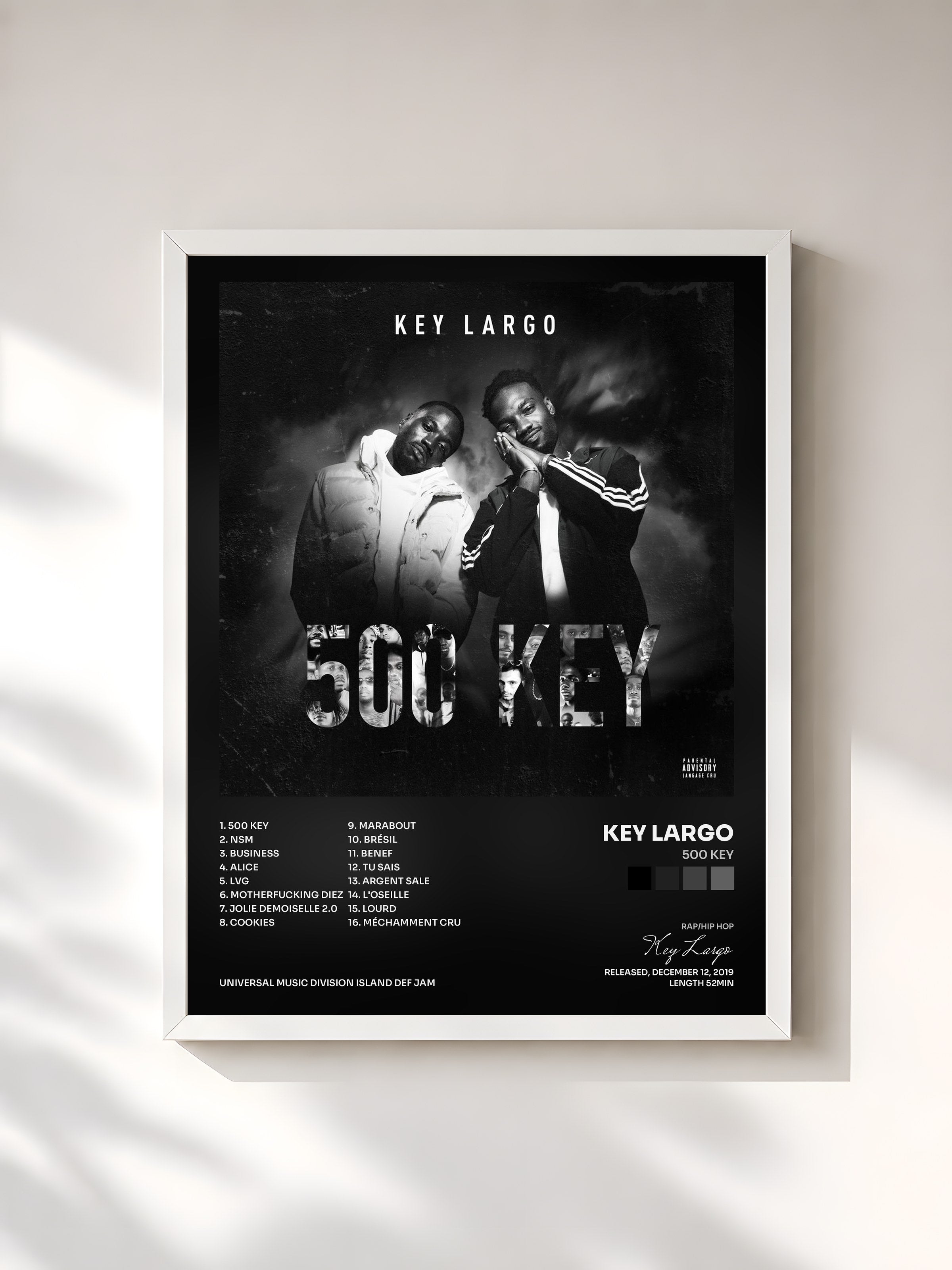 #blanc Tableau de l'album 500 Key de Key Largo, cadre blanc, imprimé et encadré en France