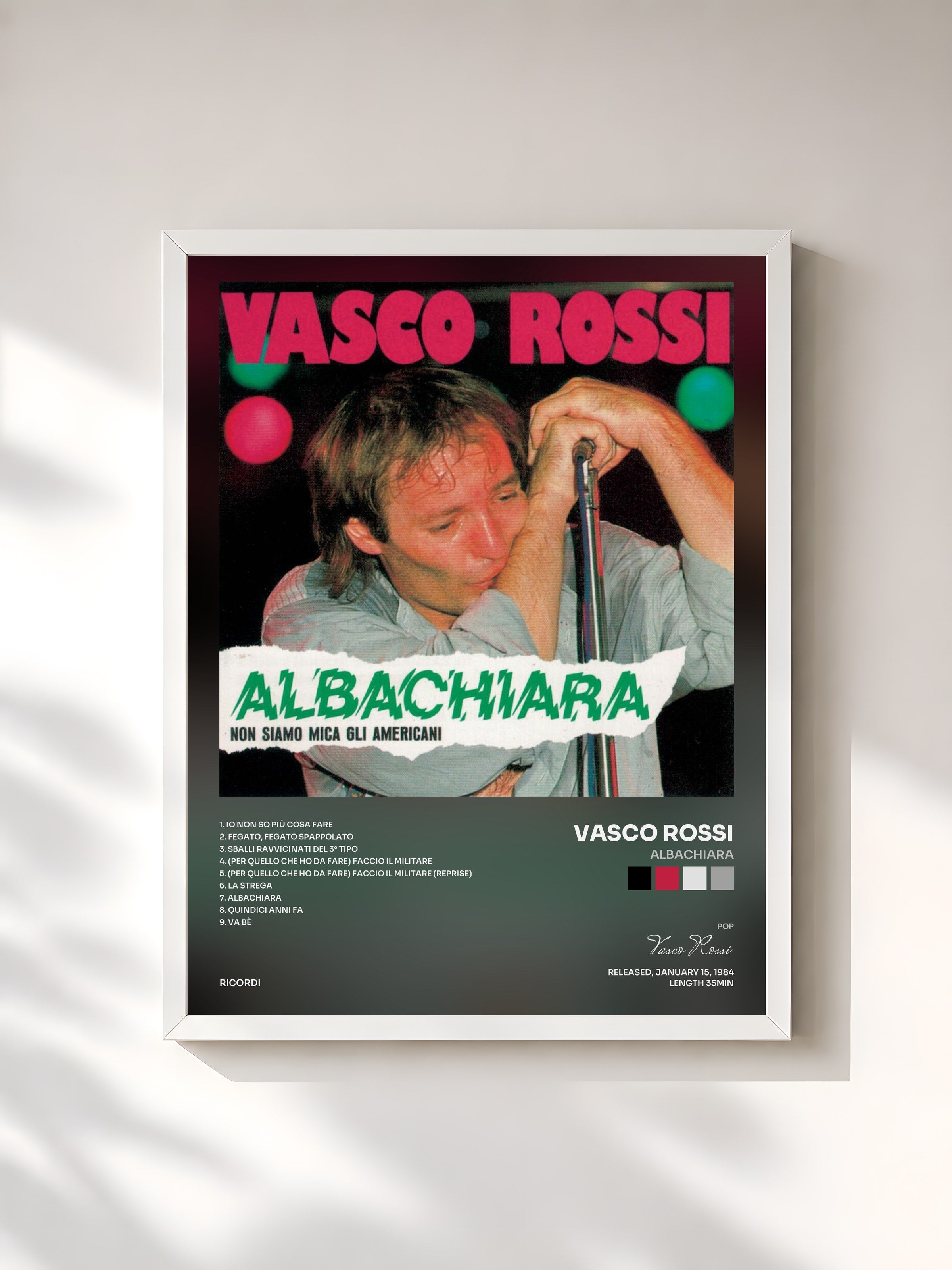 #blanc Tableau de l'album Albachiara de Vasco Rossi, cadre blanc, imprimé et encadré en France