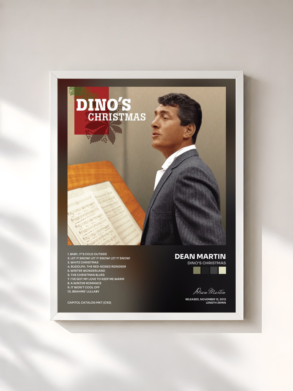 #blanc Tableau de l'album Dino's Christmas de Dean Martin, cadre blanc, imprimé et encadré en France