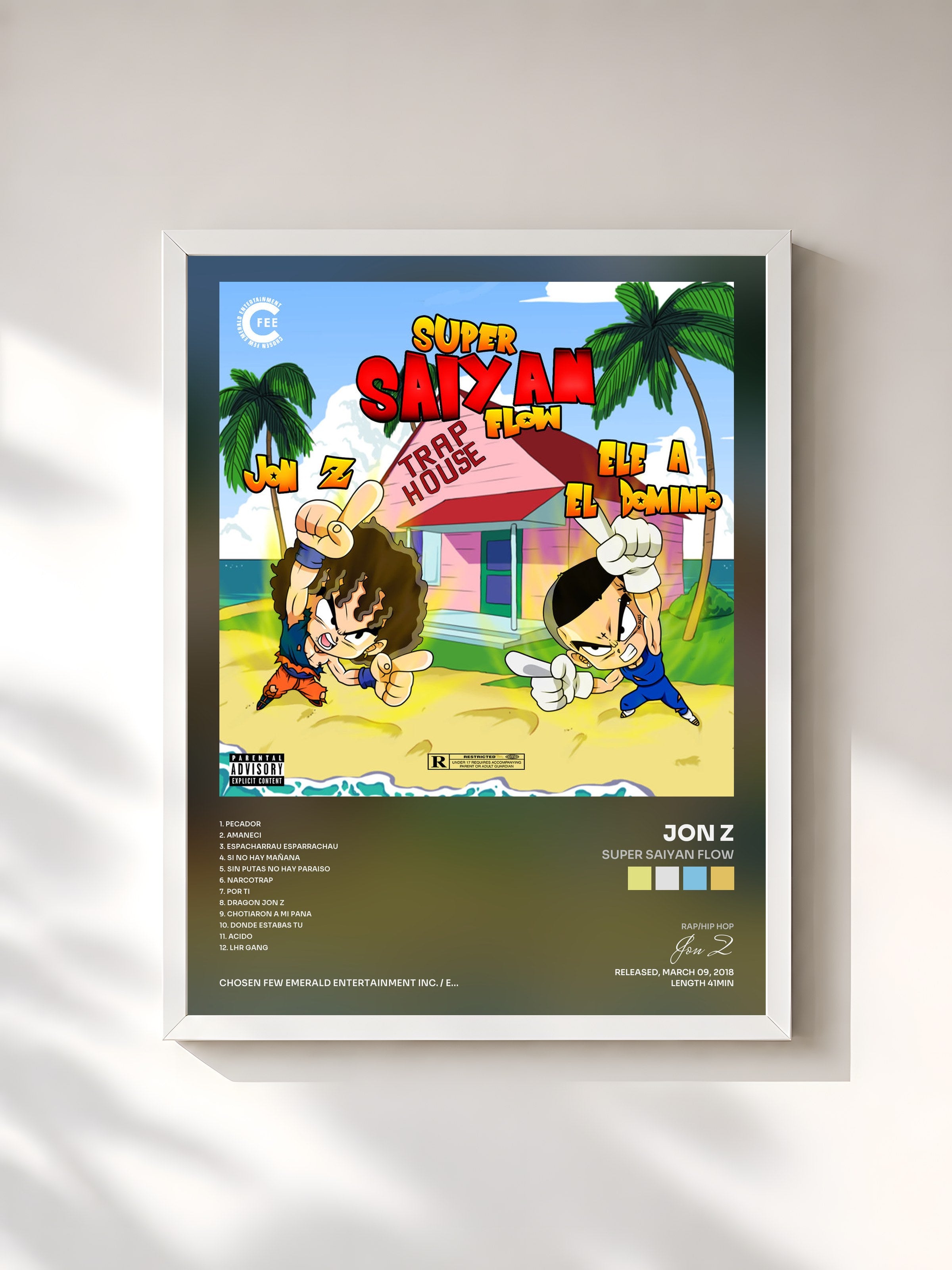 #blanc Tableau de l'album Super Saiyan Flow de Jon Z, cadre blanc, imprimé et encadré en France