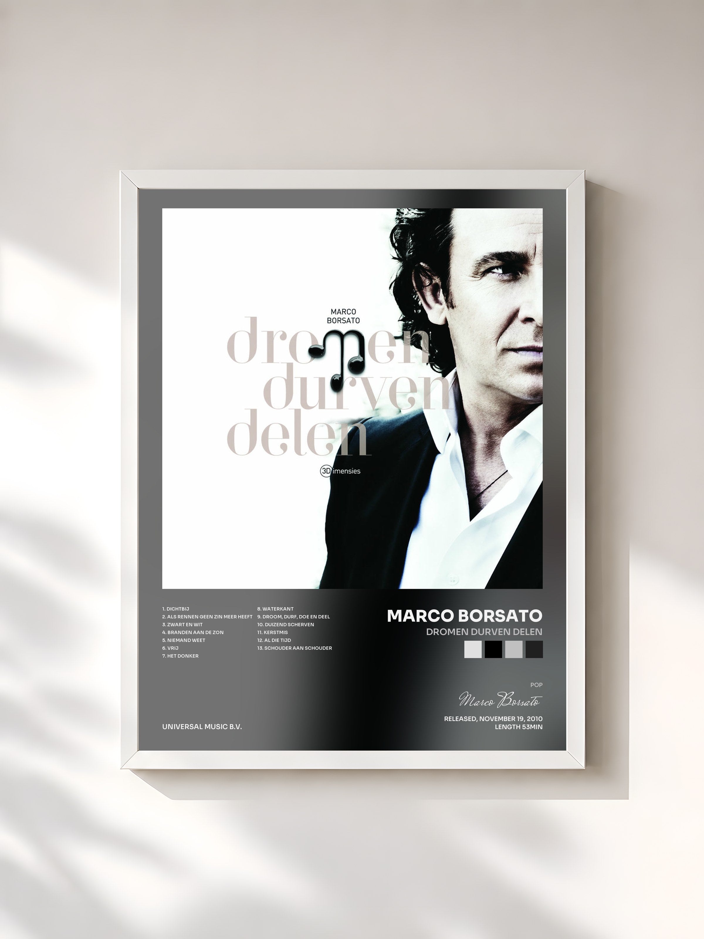 #blanc Tableau de l'album Dromen Durven Delen de Marco Borsato, cadre blanc, imprimé et encadré en France