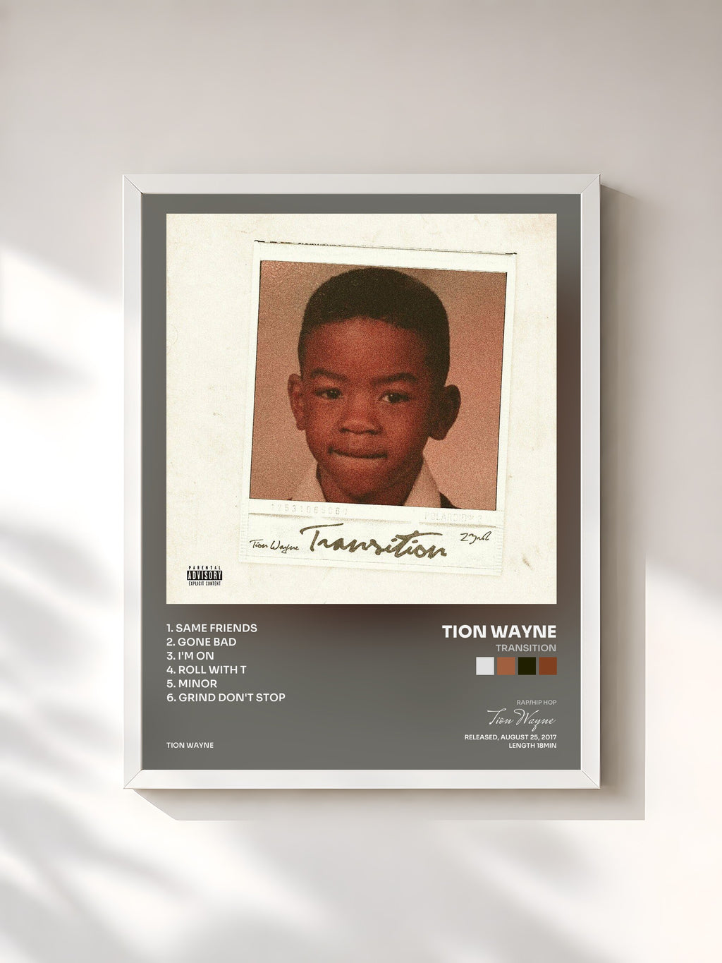 #blanc Tableau de l'album Transition de Tion Wayne, cadre blanc, imprimé et encadré en France