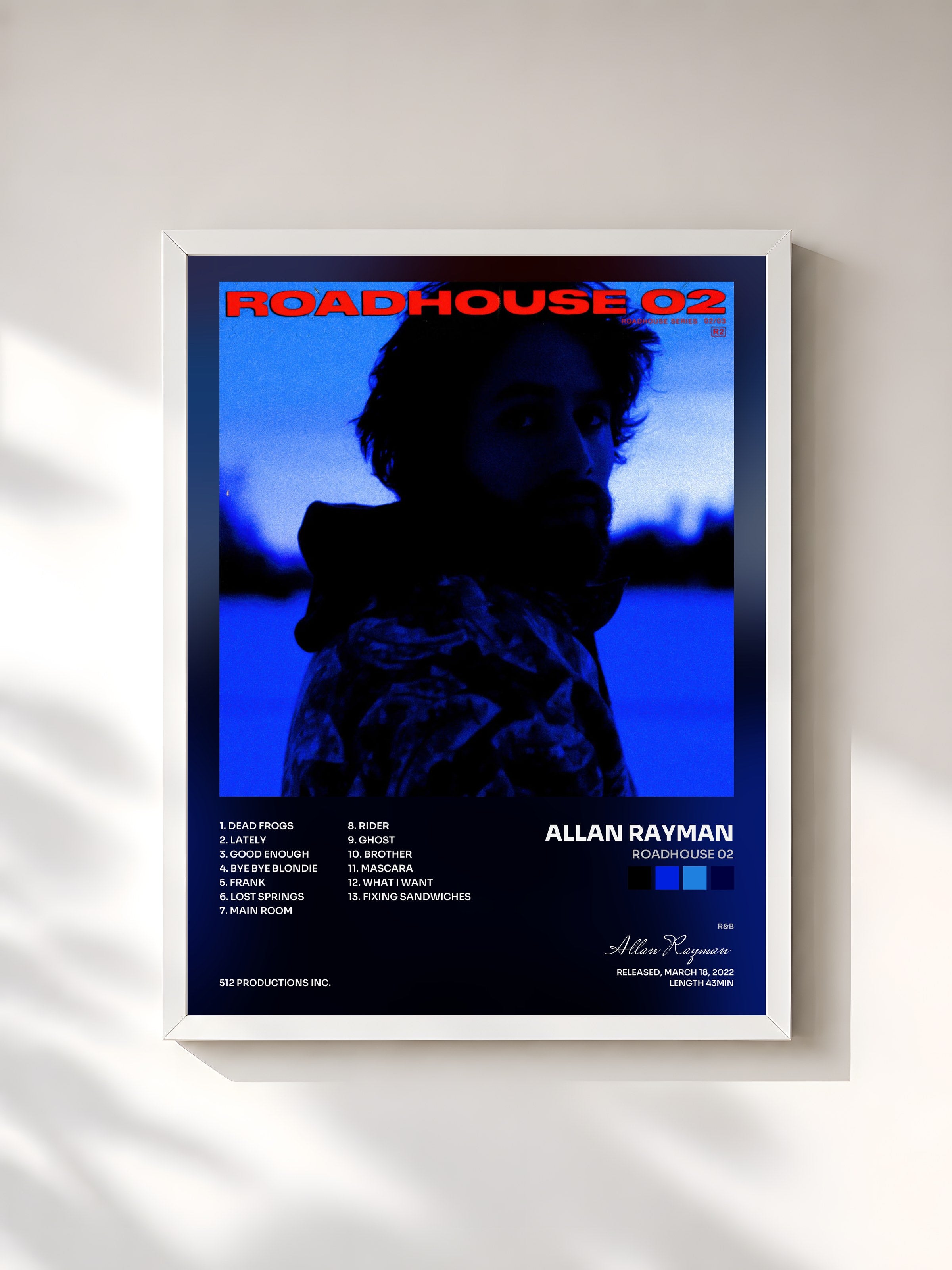 #blanc Tableau de l'album Roadhouse 02 de Allan Rayman, cadre blanc, imprimé et encadré en France