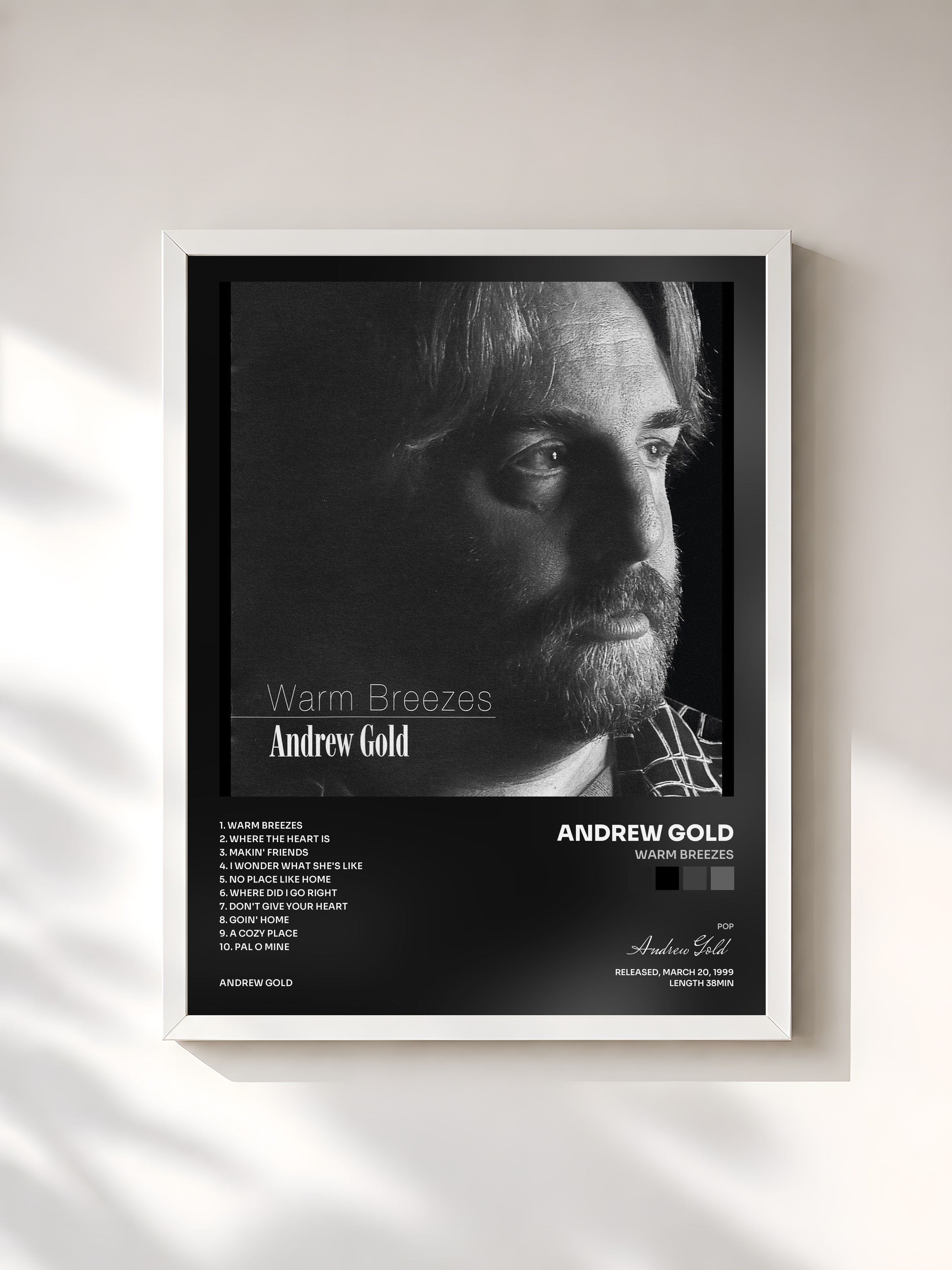 #blanc Tableau de l'album Warm Breezes de Andrew Gold, cadre blanc, imprimé et encadré en France