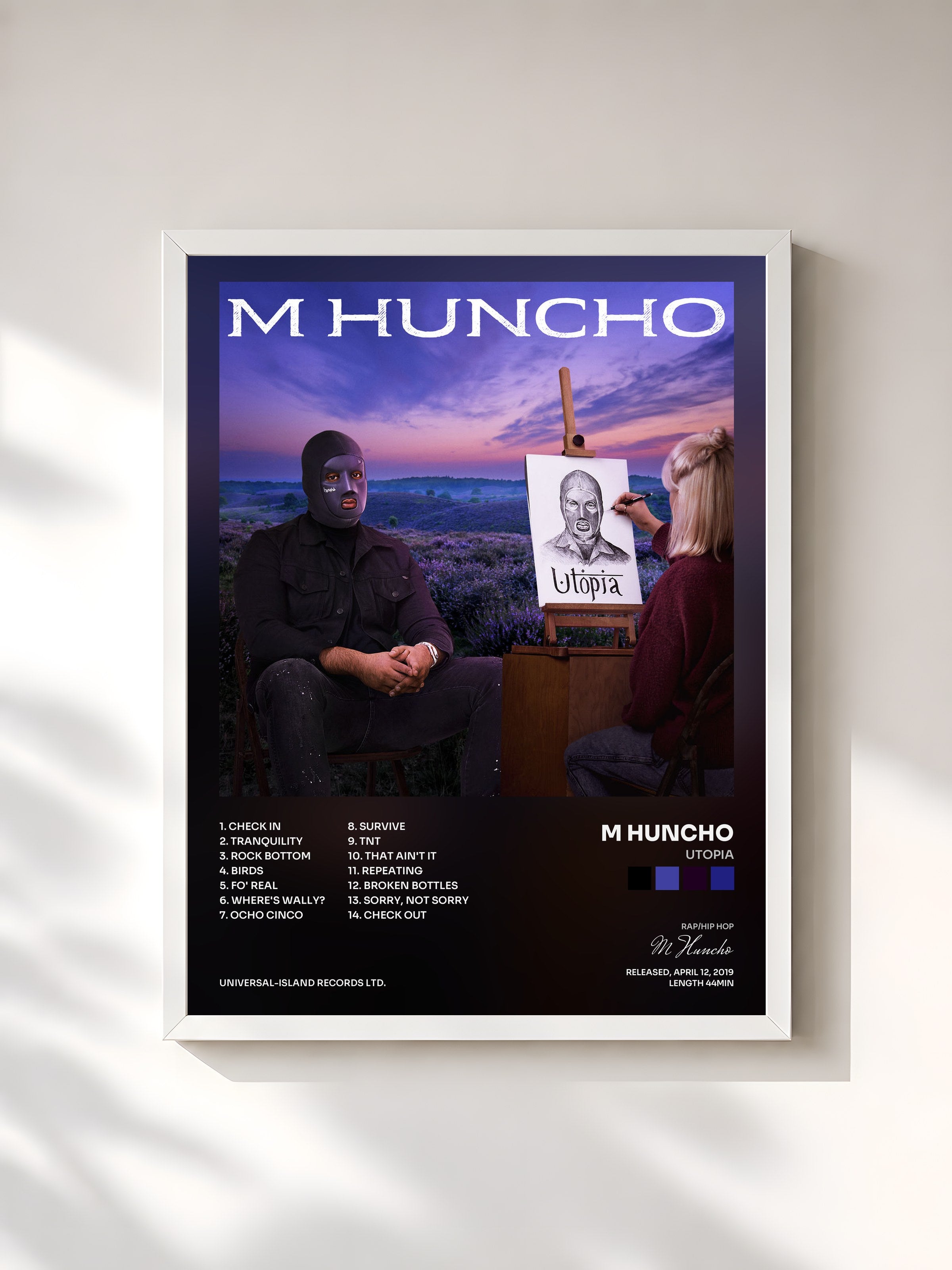 #blanc Tableau de l'album Utopia de M Huncho, cadre blanc, imprimé et encadré en France