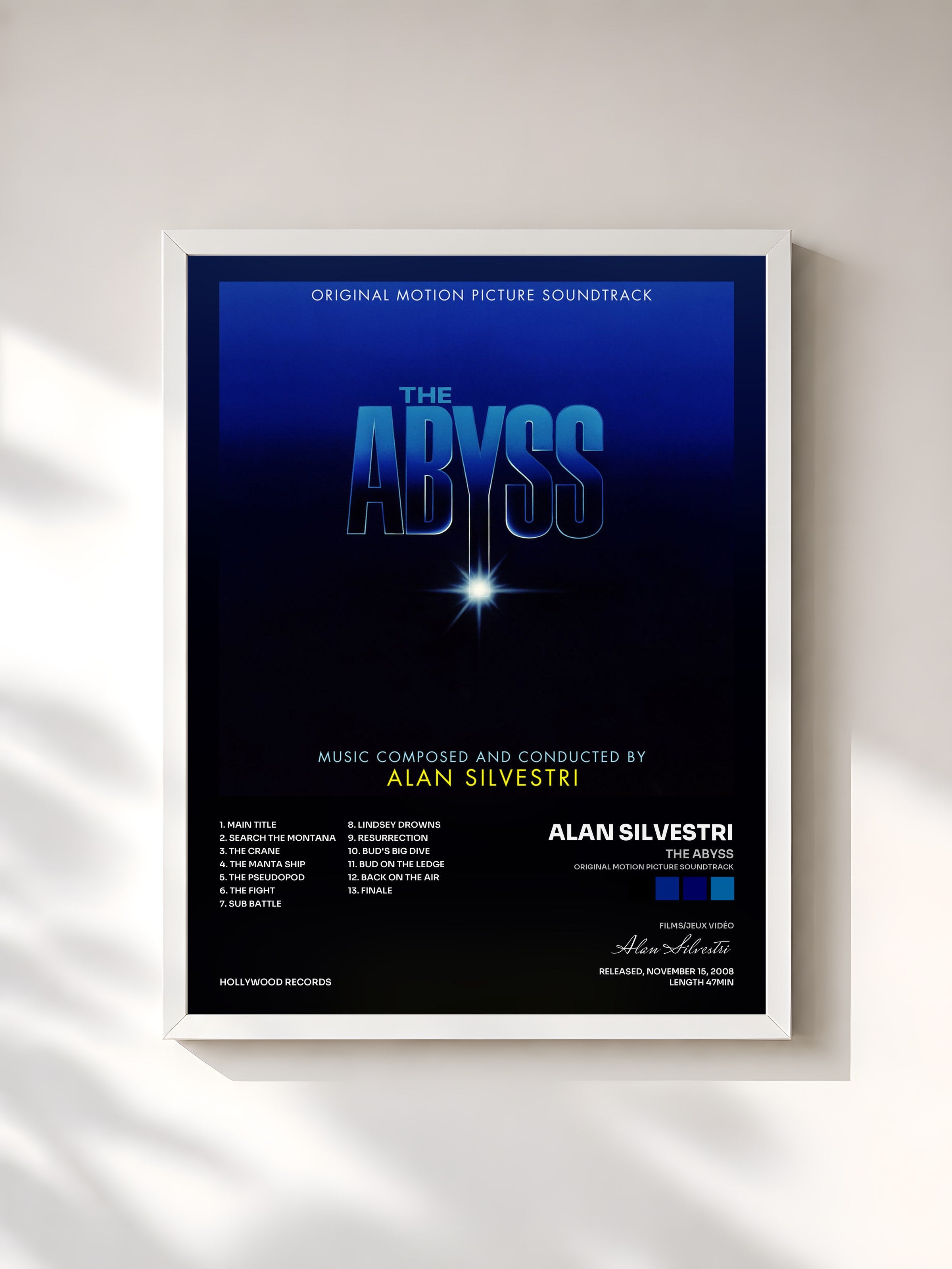 #blanc Tableau de l'album The Abyss (Original Motion Picture Soundtrack) de Alan Silvestri, cadre blanc, imprimé et encadré en France