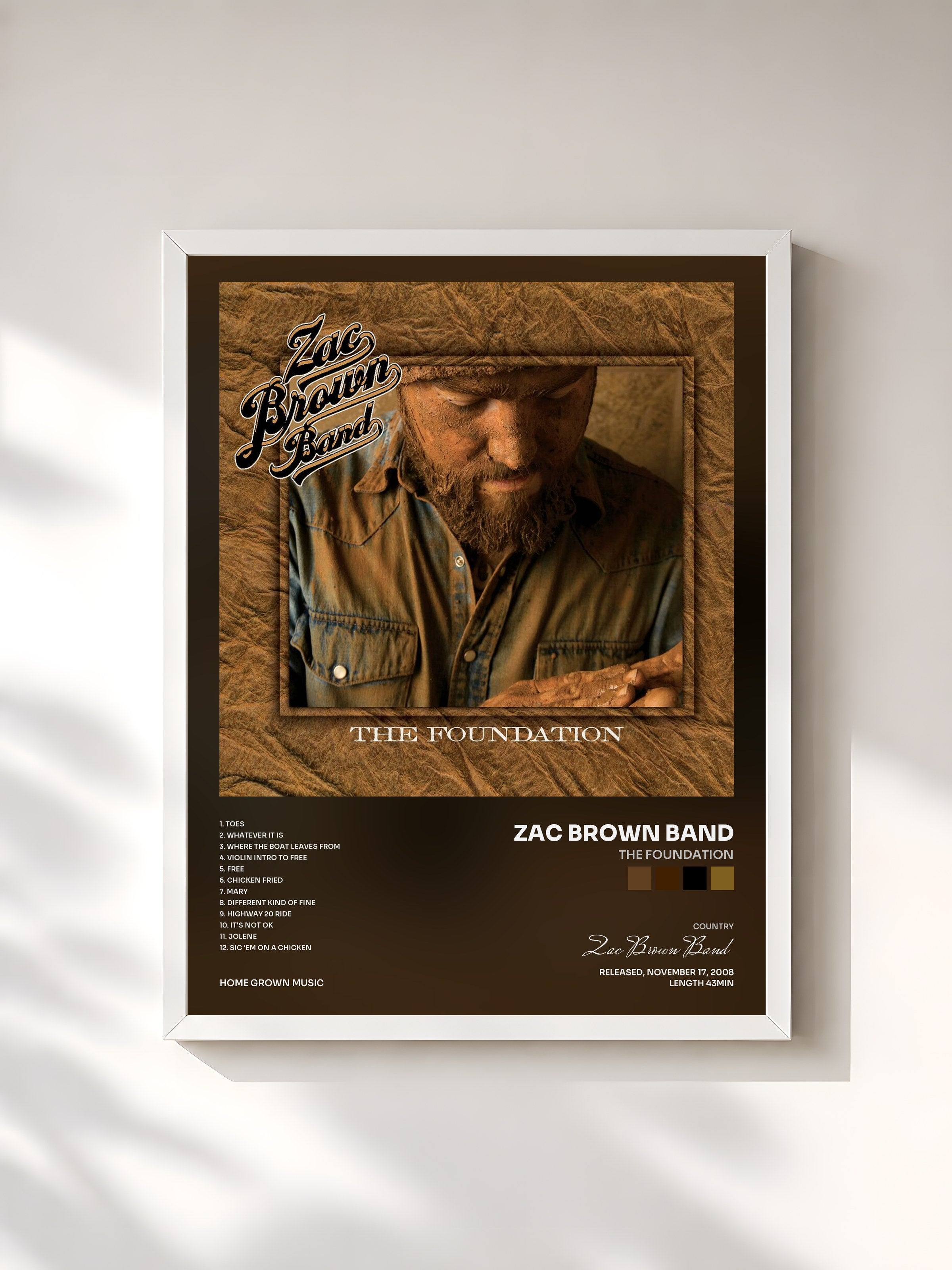 #blanc Tableau de l'album The Foundation de Zac Brown Band, cadre blanc, imprimé et encadré en France