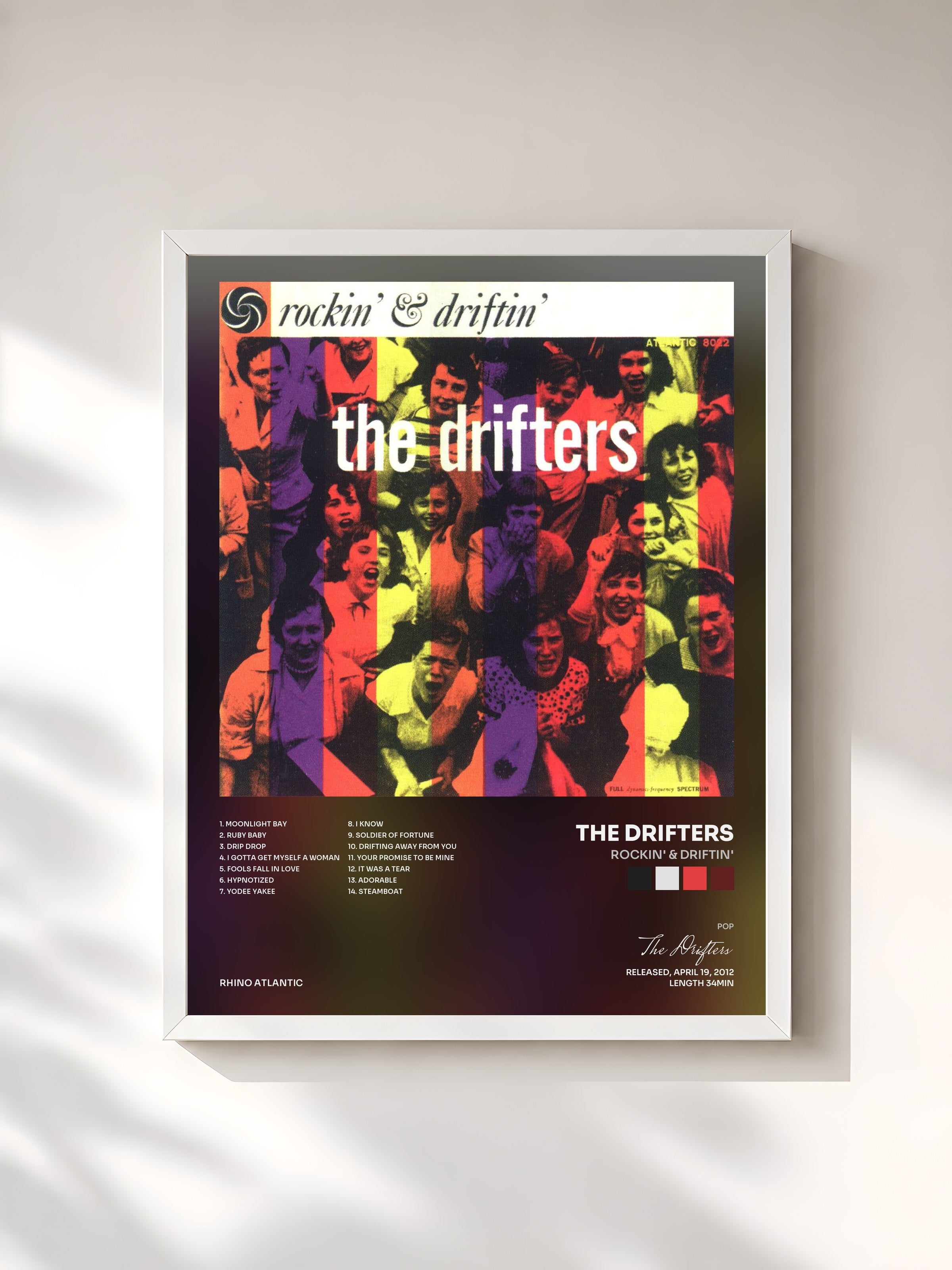 #blanc Tableau de l'album Rockin' & Driftin' de The Drifters, cadre blanc, imprimé et encadré en France