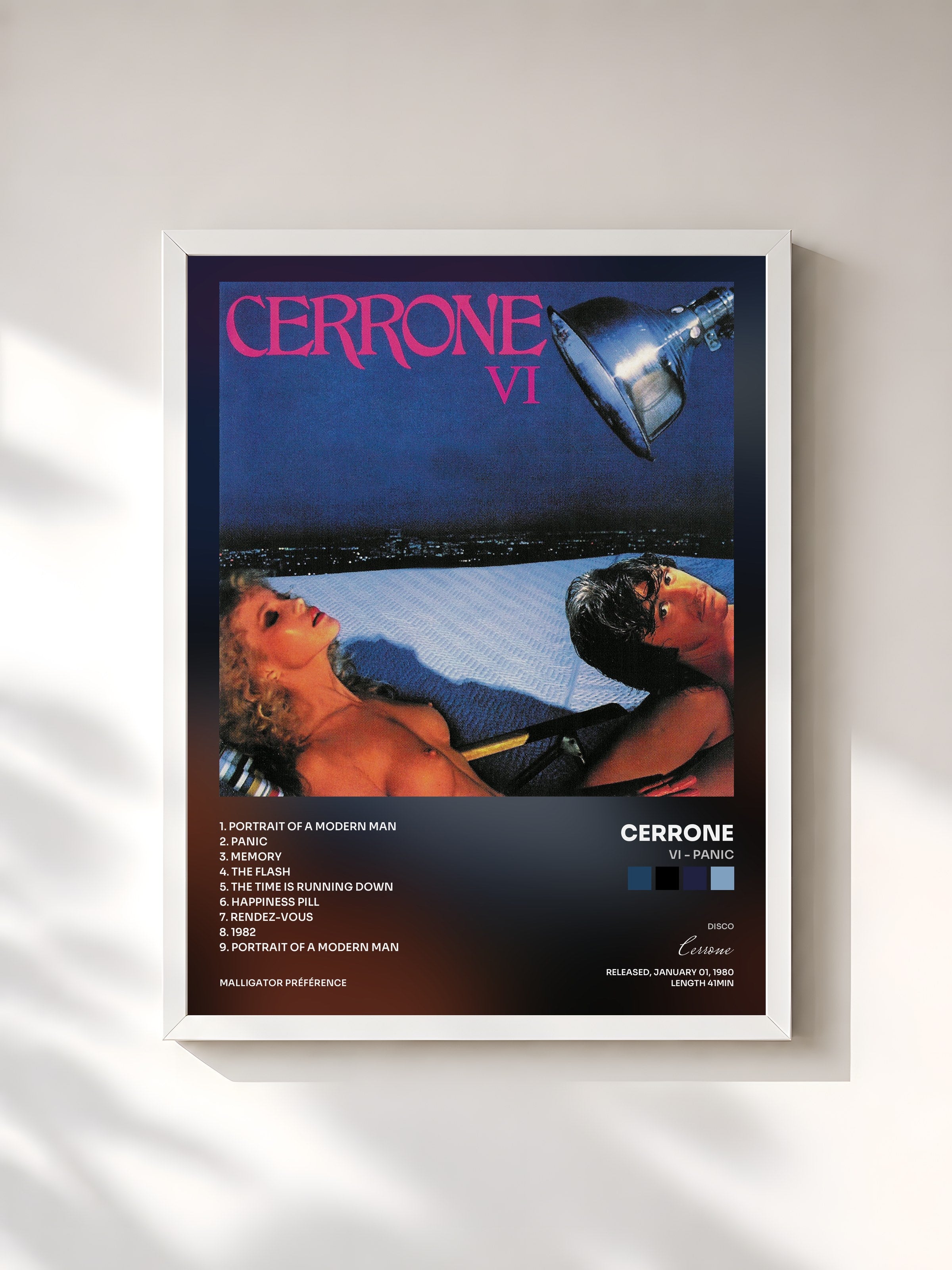 #blanc Tableau de l'album VI - Panic de Cerrone, cadre blanc, imprimé et encadré en France