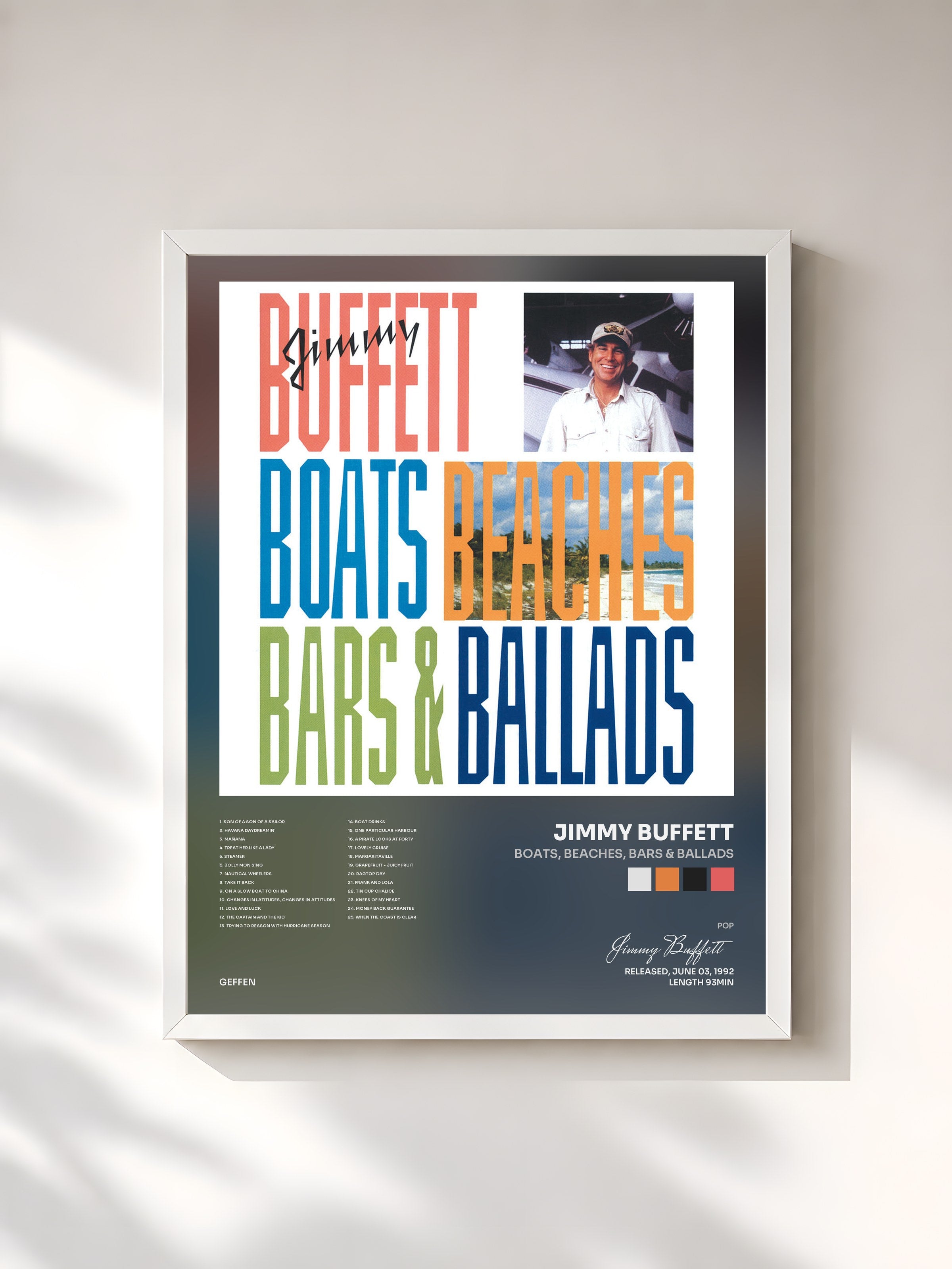 #blanc Tableau de l'album Boats, Beaches, Bars & Ballads de Jimmy Buffett, cadre blanc, imprimé et encadré en France
