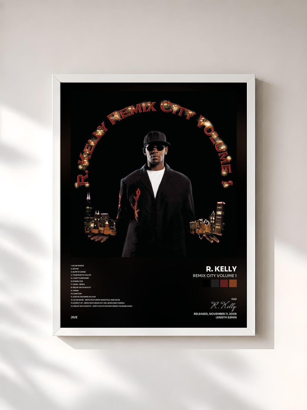 #blanc Tableau de l'album Remix City Volume 1 de R. Kelly, cadre blanc, imprimé et encadré en France