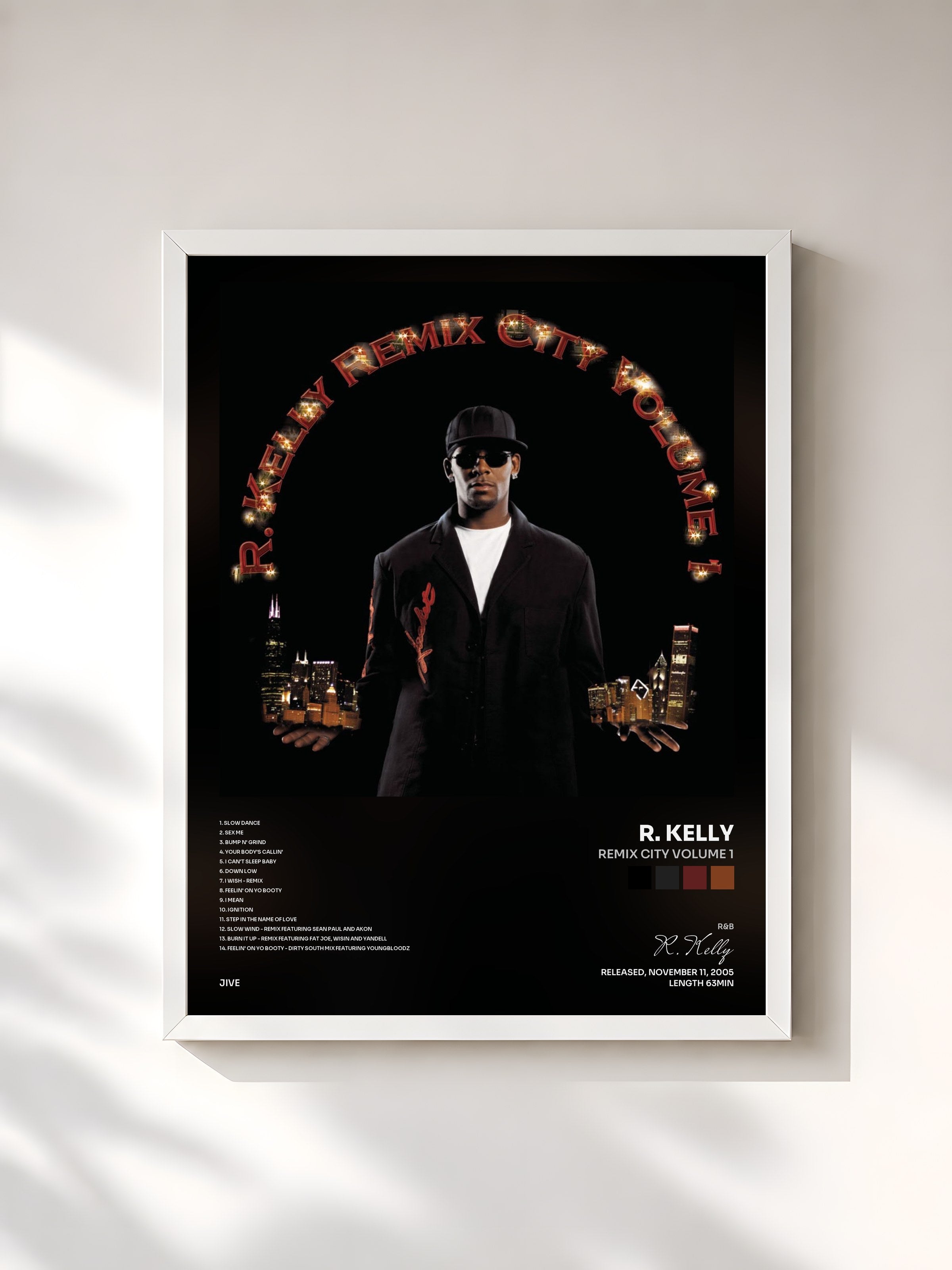 #blanc Tableau de l'album Remix City Volume 1 de R. Kelly, cadre blanc, imprimé et encadré en France