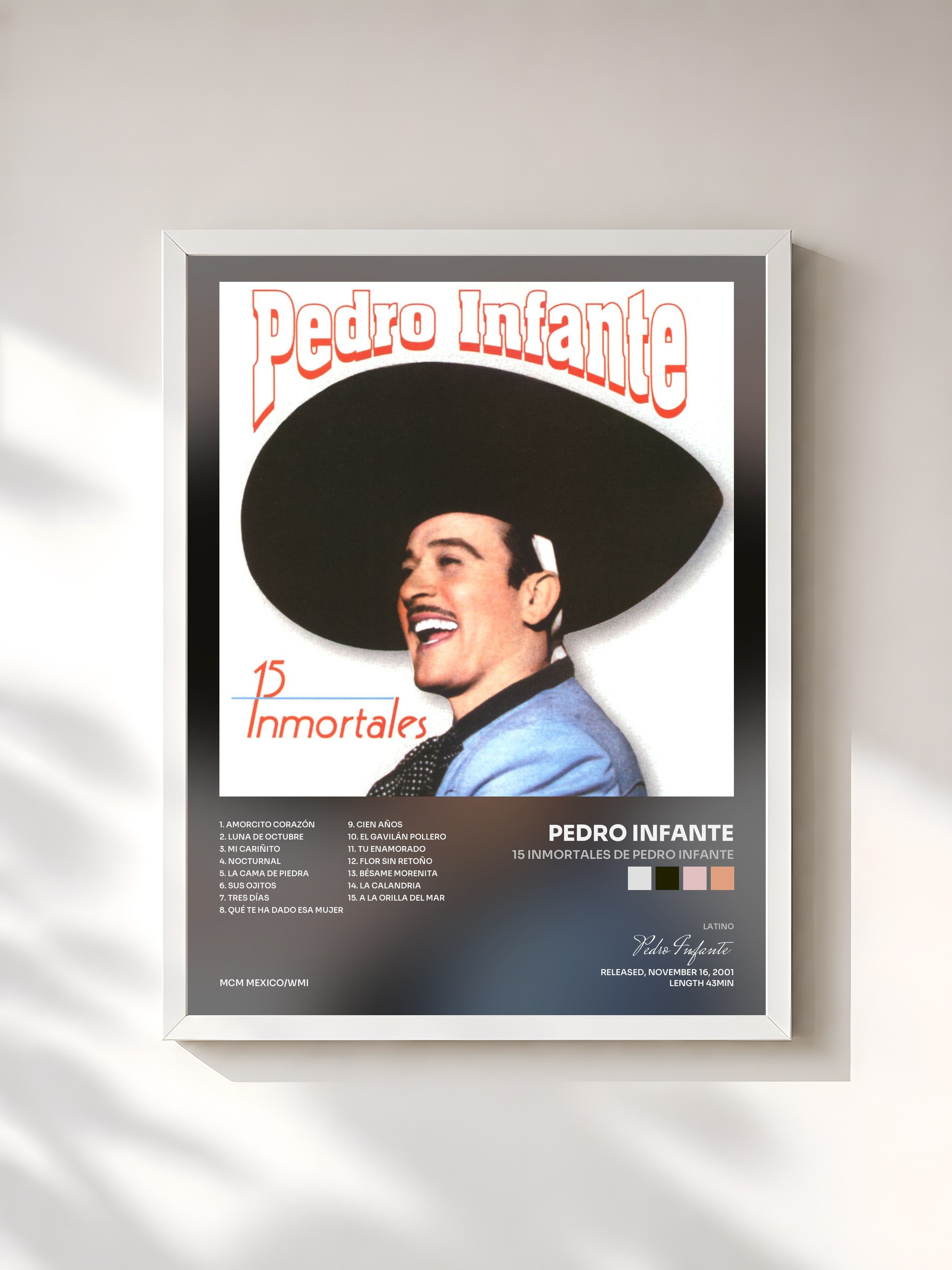 #blanc Tableau de l'album 15 Inmortales de Pedro Infante de Pedro Infante, cadre blanc, imprimé et encadré en France
