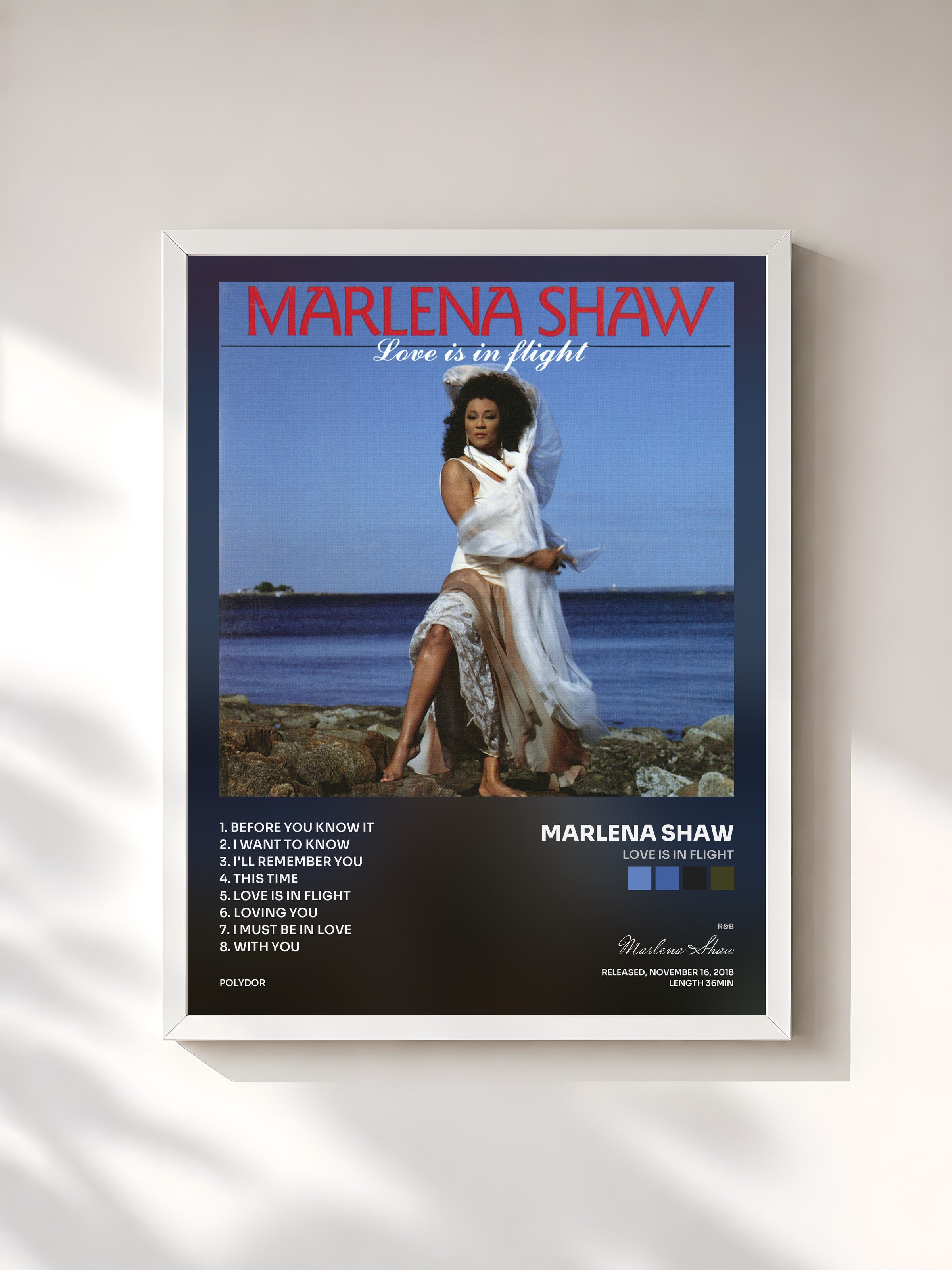 #blanc Tableau de l'album Love Is In Flight de Marlena Shaw, cadre blanc, imprimé et encadré en France