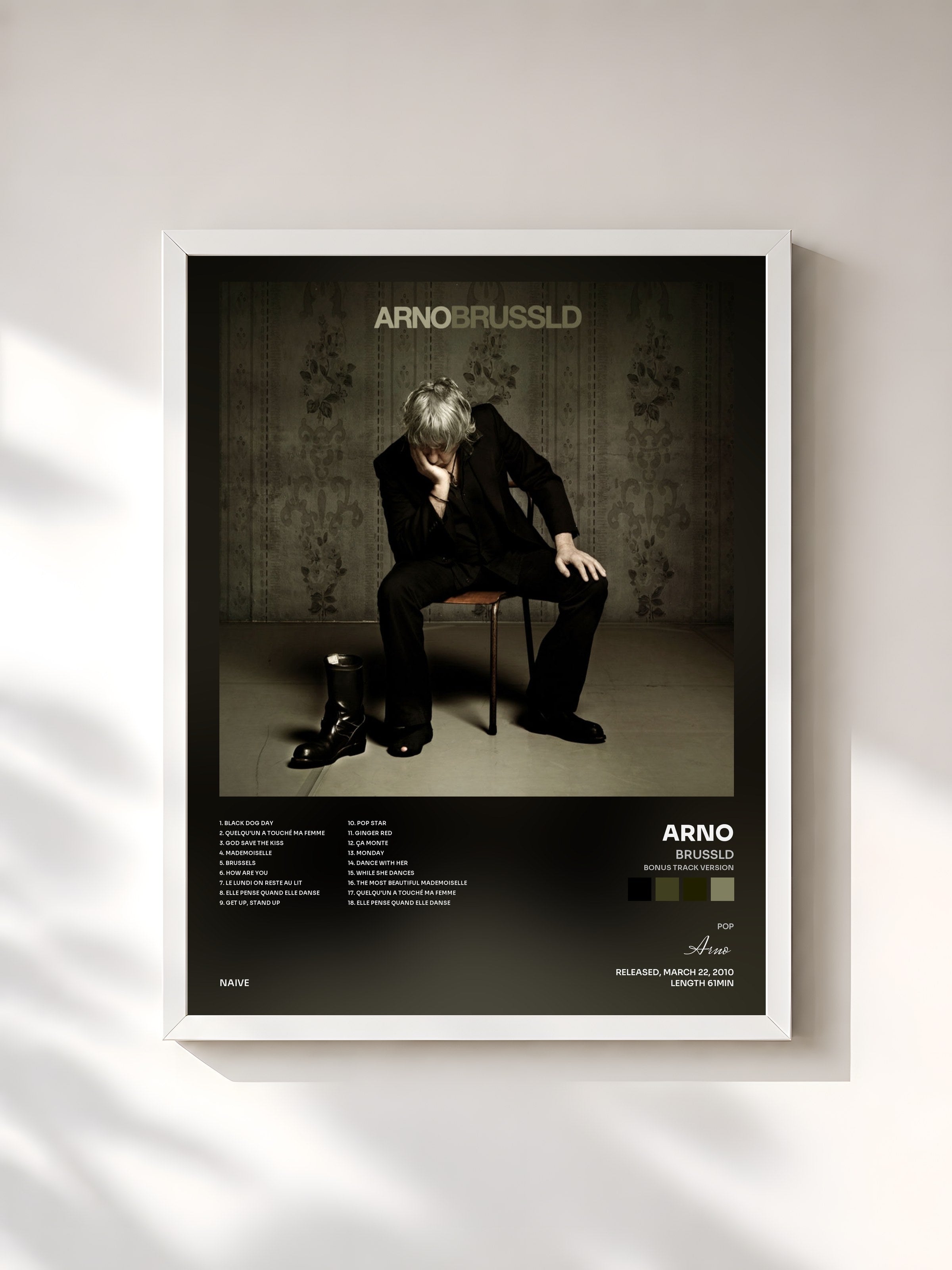 #blanc Tableau de l'album Brussld (Bonus Track Version) de Arno, cadre blanc, imprimé et encadré en France