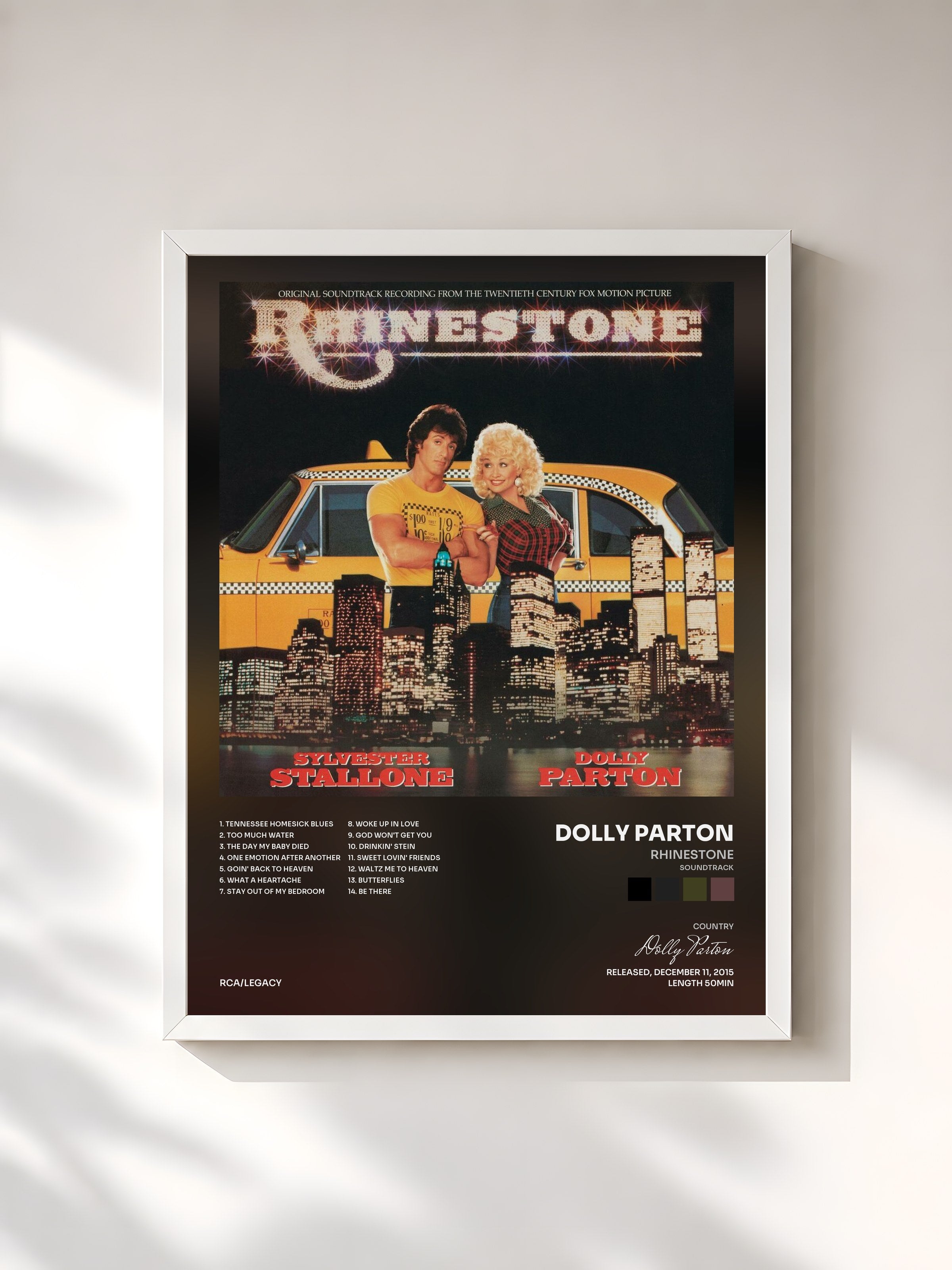 #blanc Tableau de l'album Rhinestone (Soundtrack) de Dolly Parton, cadre blanc, imprimé et encadré en France