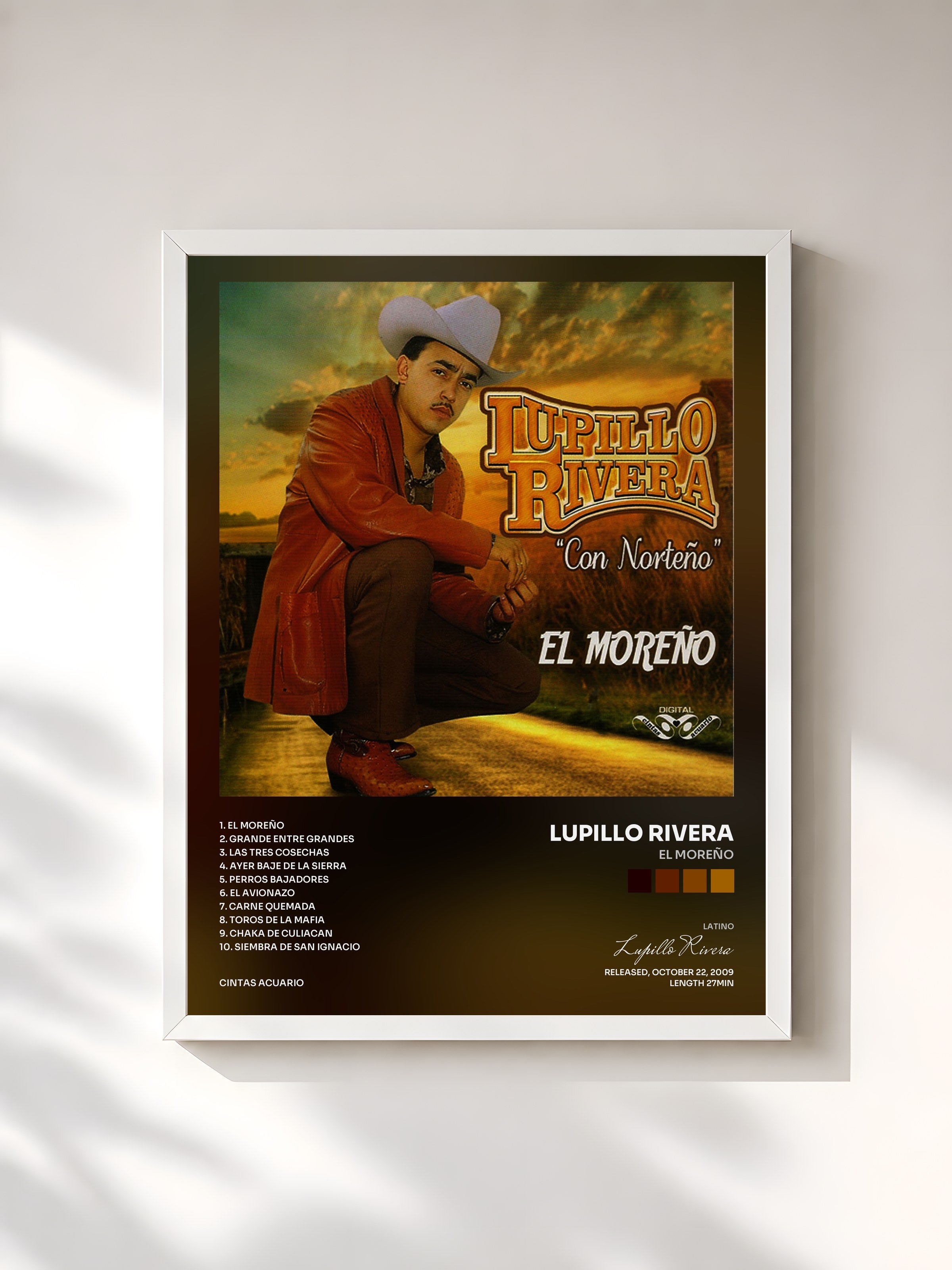 #blanc Tableau de l'album El Moreño de Lupillo Rivera, cadre blanc, imprimé et encadré en France