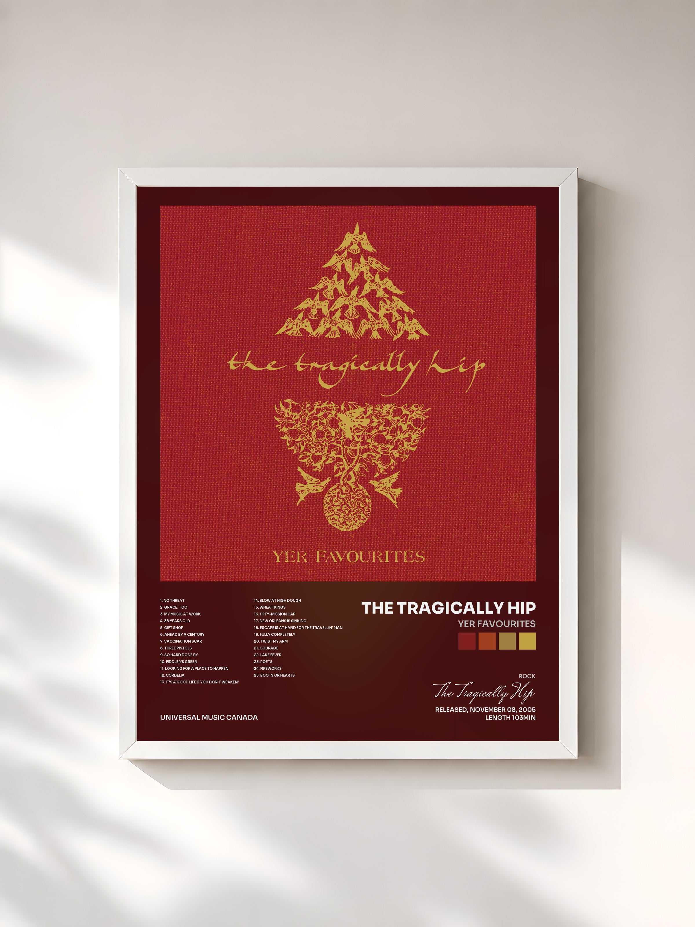 #blanc Tableau de l'album Yer Favourites de The Tragically Hip, cadre blanc, imprimé et encadré en France