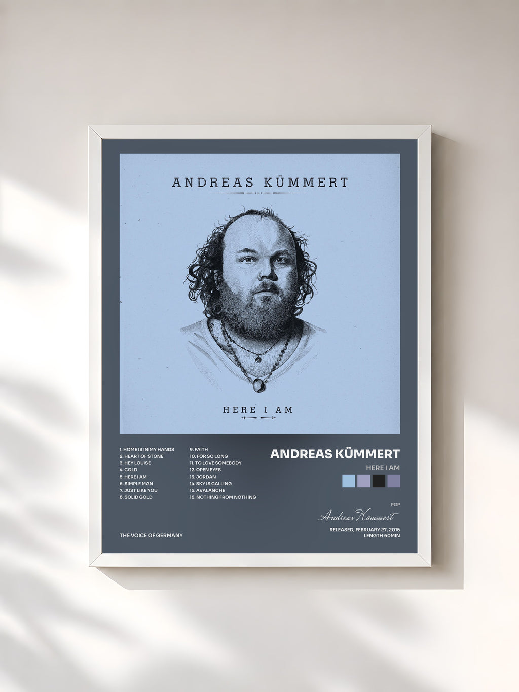 #blanc Tableau de l'album Here I Am de Andreas Kümmert, cadre blanc, imprimé et encadré en France