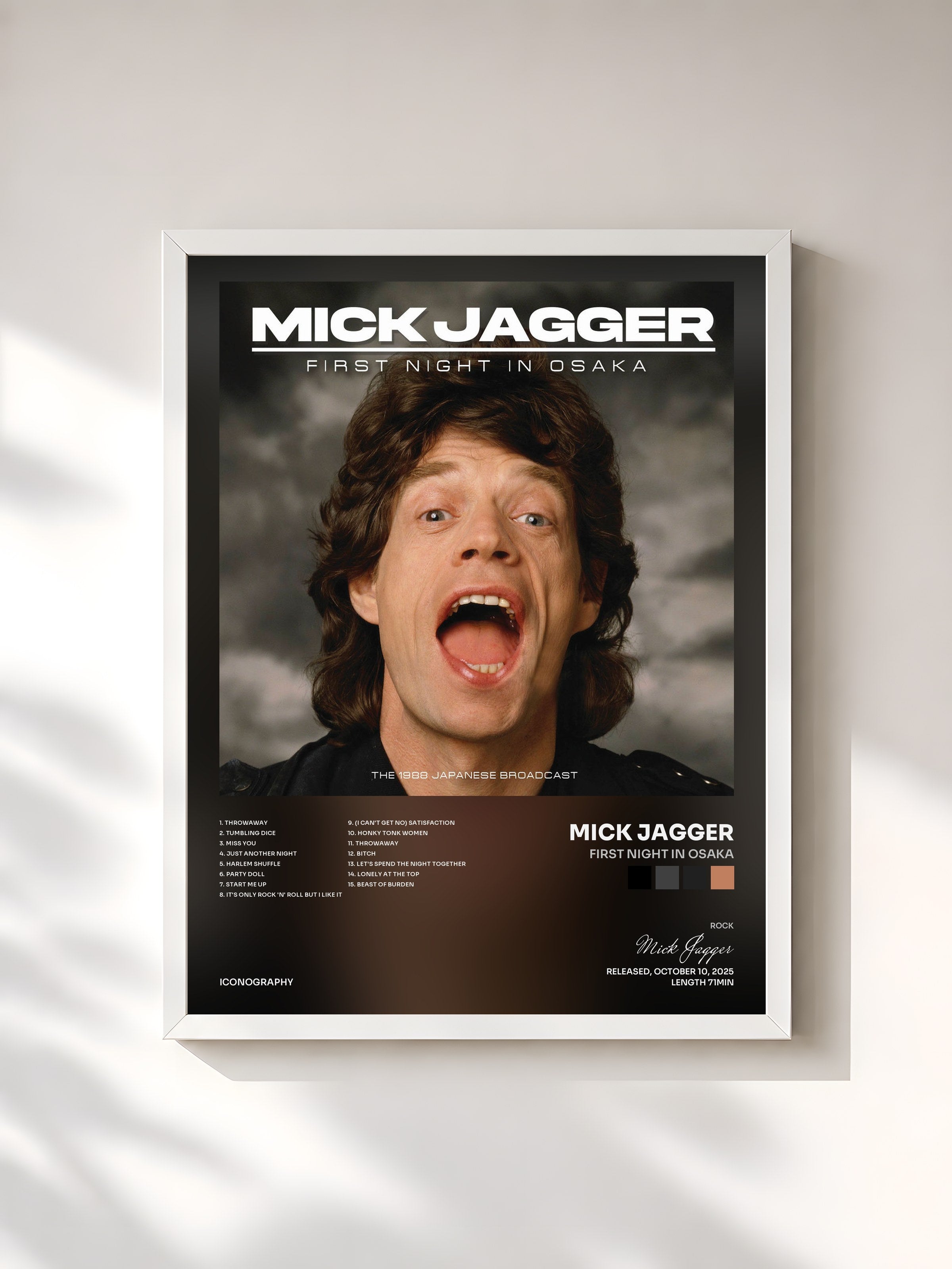 #blanc Tableau de l'album First Night In Osaka de Mick Jagger, cadre blanc, imprimé et encadré en France