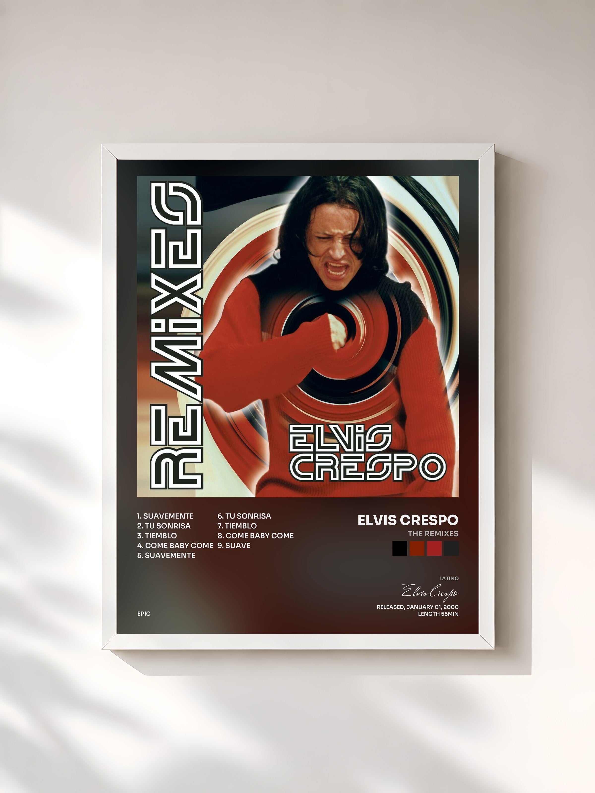 #blanc Tableau de l'album The Remixes de Elvis Crespo, cadre blanc, imprimé et encadré en France