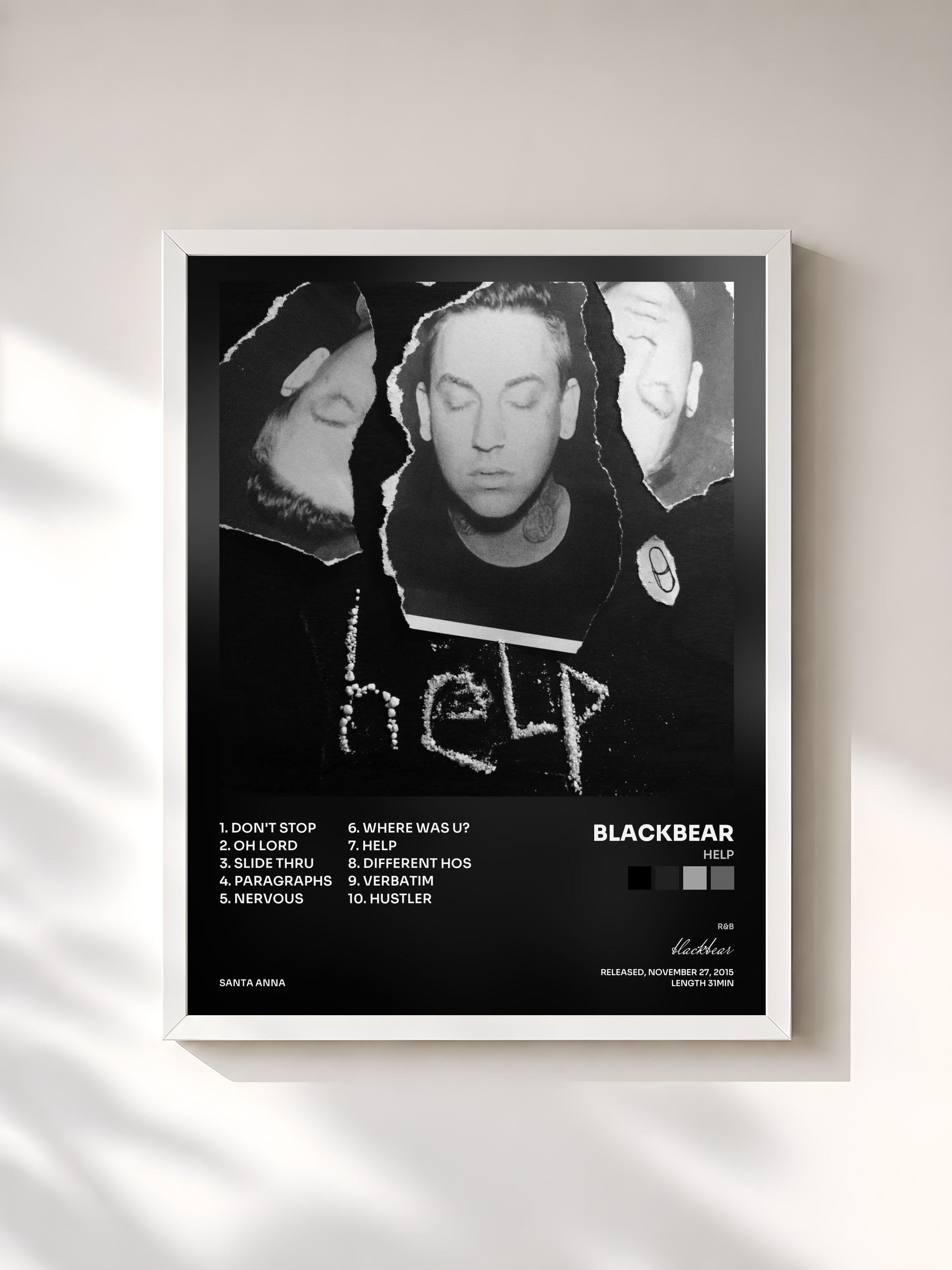 #blanc Tableau de l'album help de blackbear, cadre blanc, imprimé et encadré en France