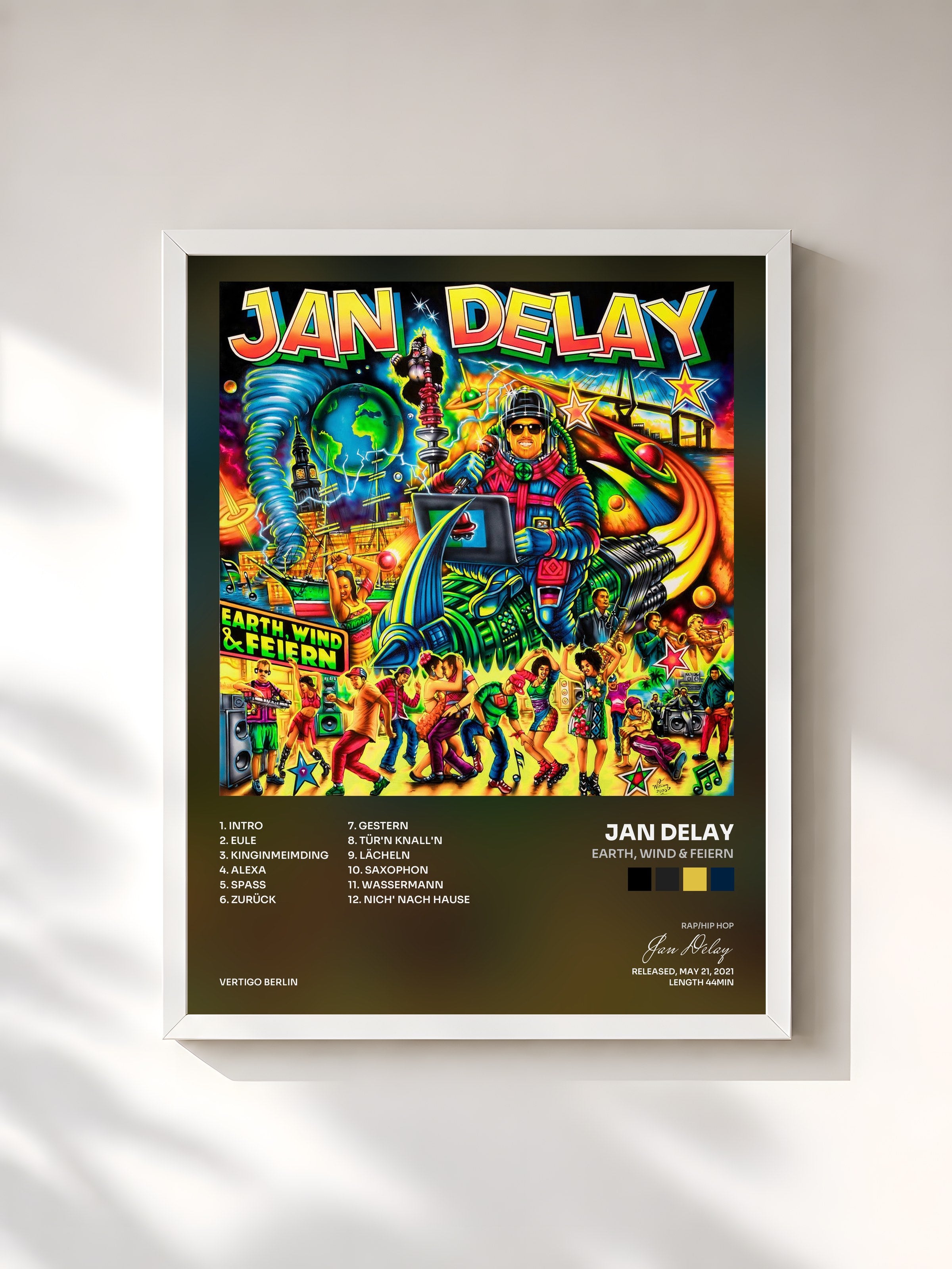 #blanc Tableau de l'album Earth, Wind & Feiern de Jan Delay, cadre blanc, imprimé et encadré en France