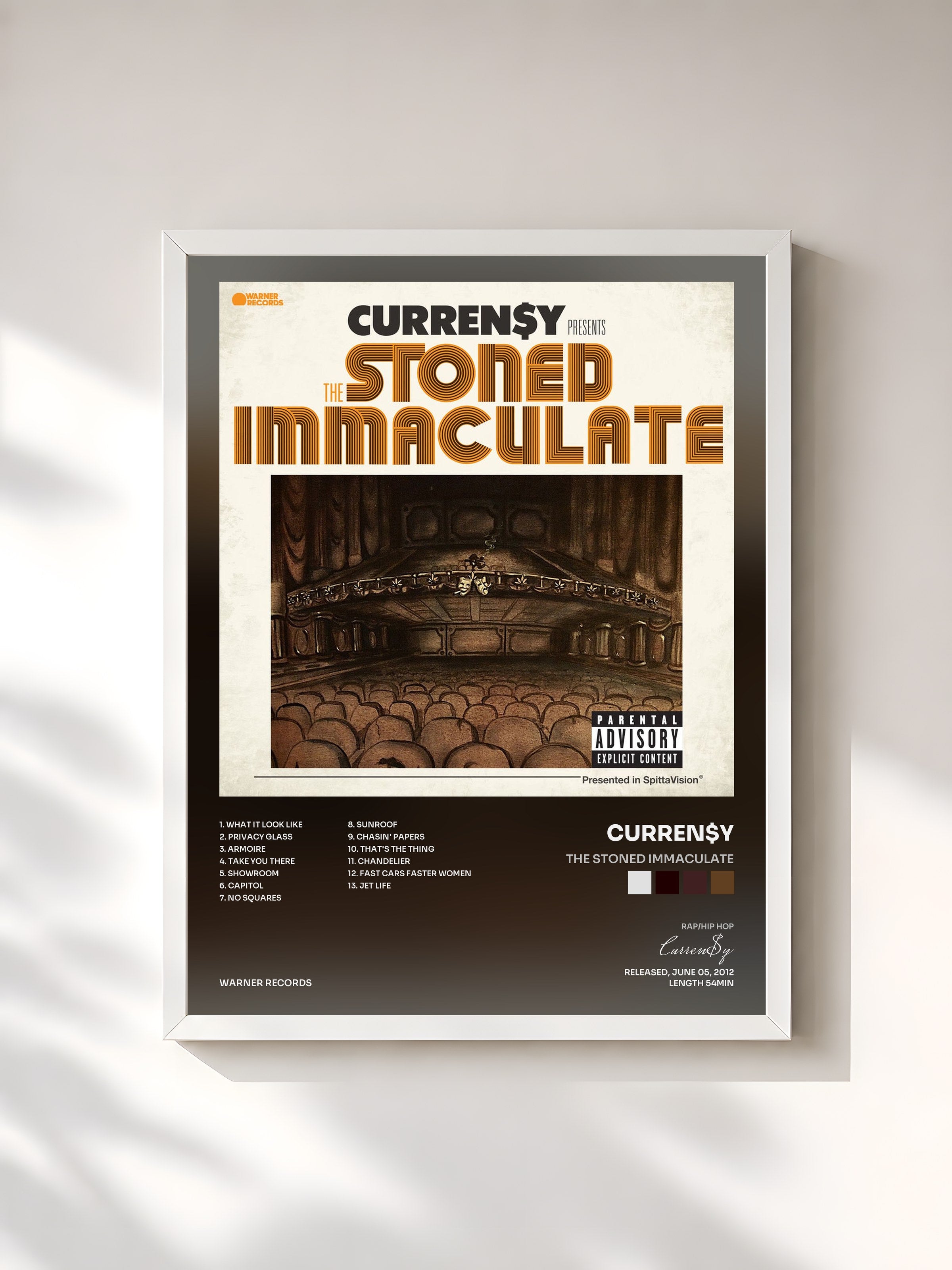 #blanc Tableau de l'album The Stoned Immaculate de Curren$y, cadre blanc, imprimé et encadré en France