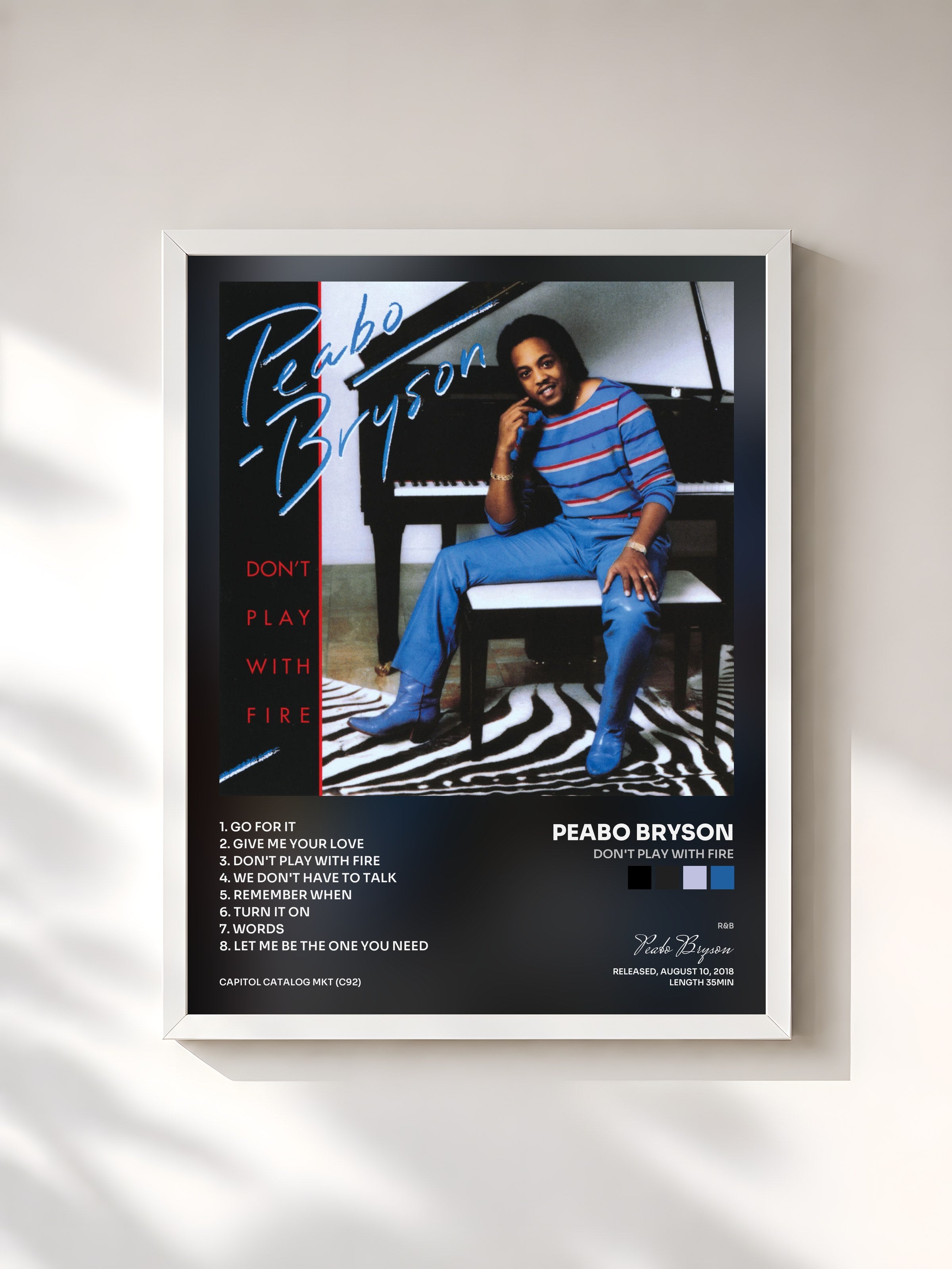 #blanc Tableau de l'album Don't Play With Fire de Peabo Bryson, cadre blanc, imprimé et encadré en France