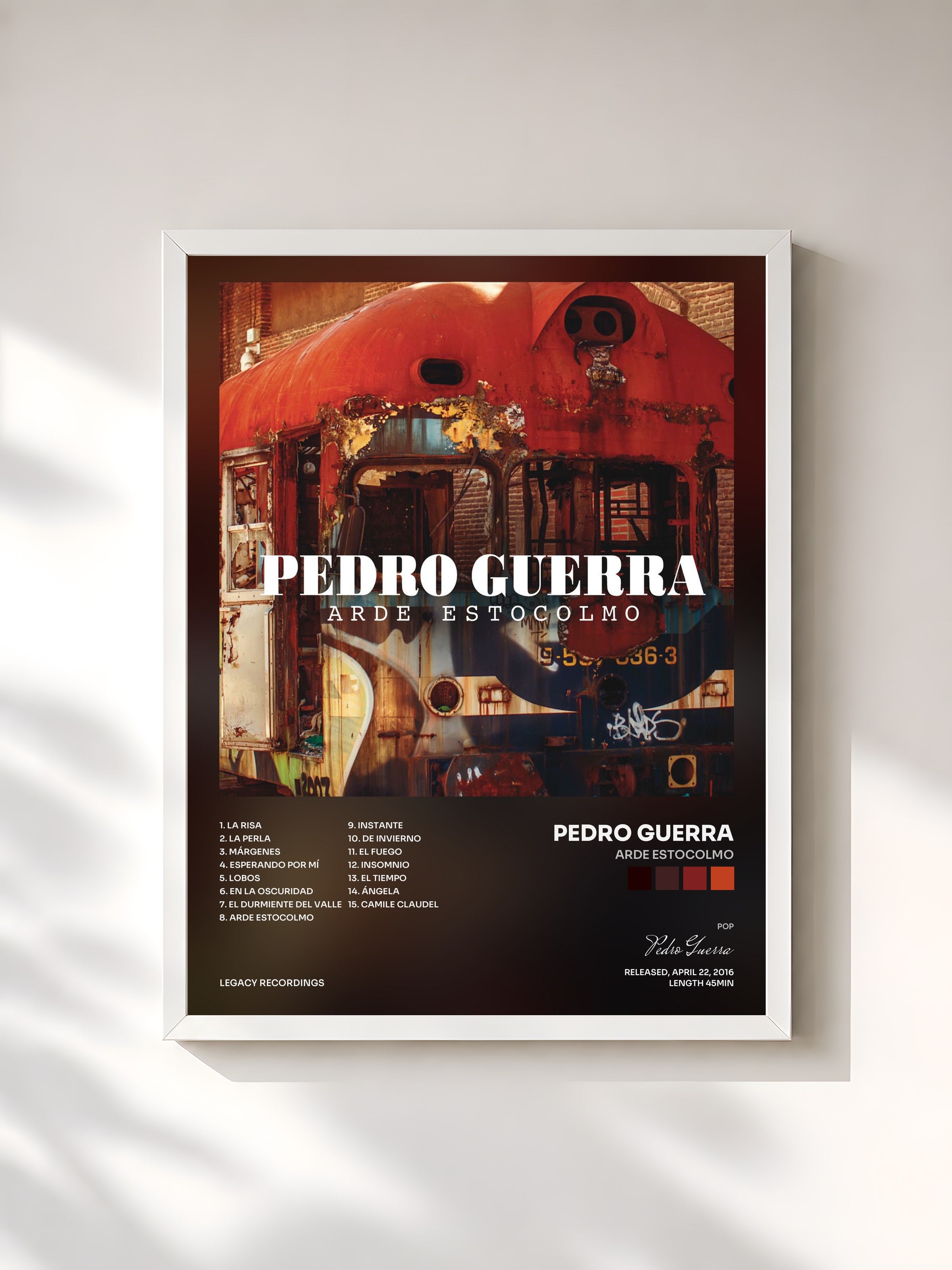 #blanc Tableau de l'album Arde Estocolmo de Pedro Guerra, cadre blanc, imprimé et encadré en France