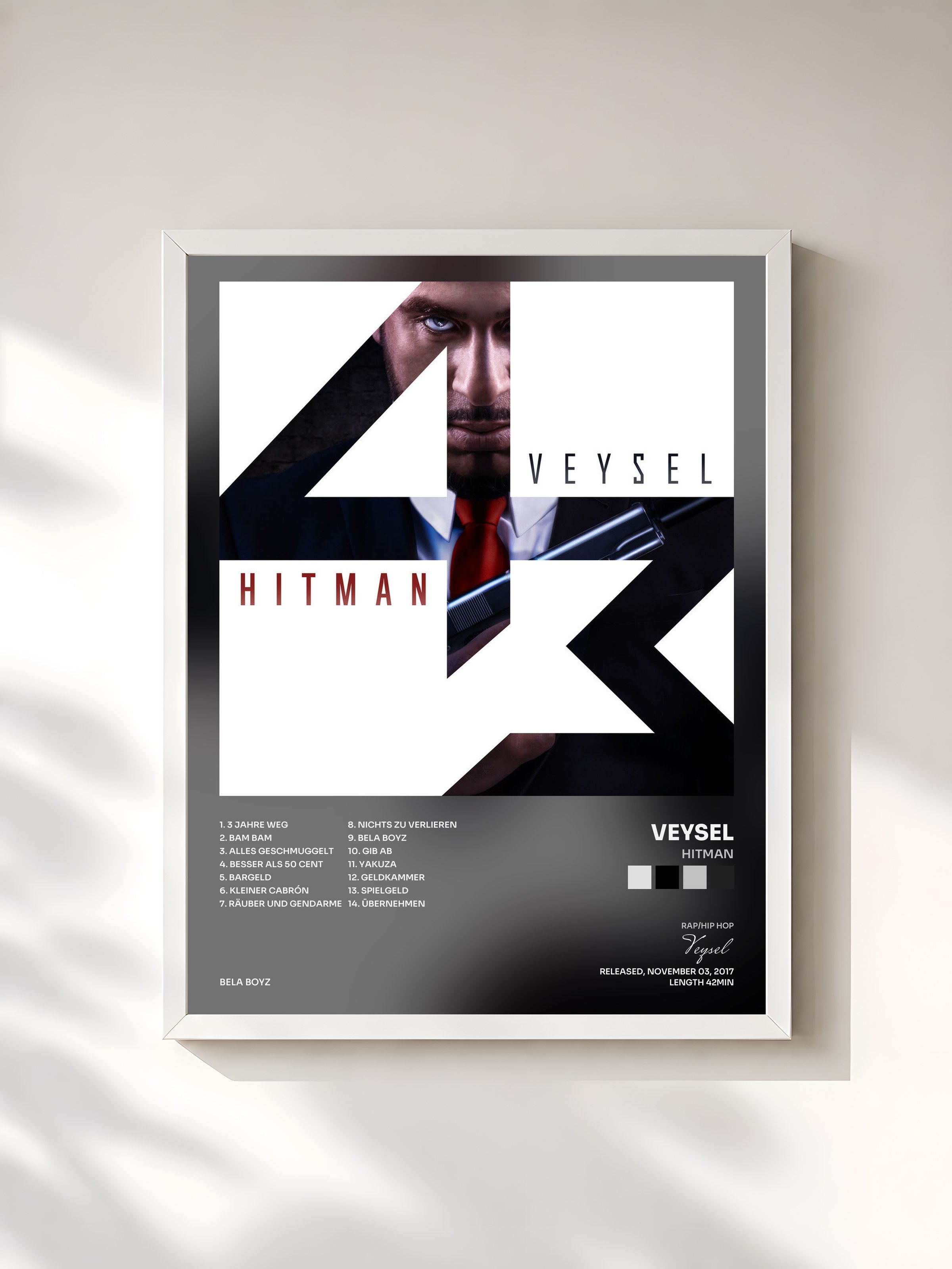#blanc Tableau de l'album Hitman de Veysel, cadre blanc, imprimé et encadré en France